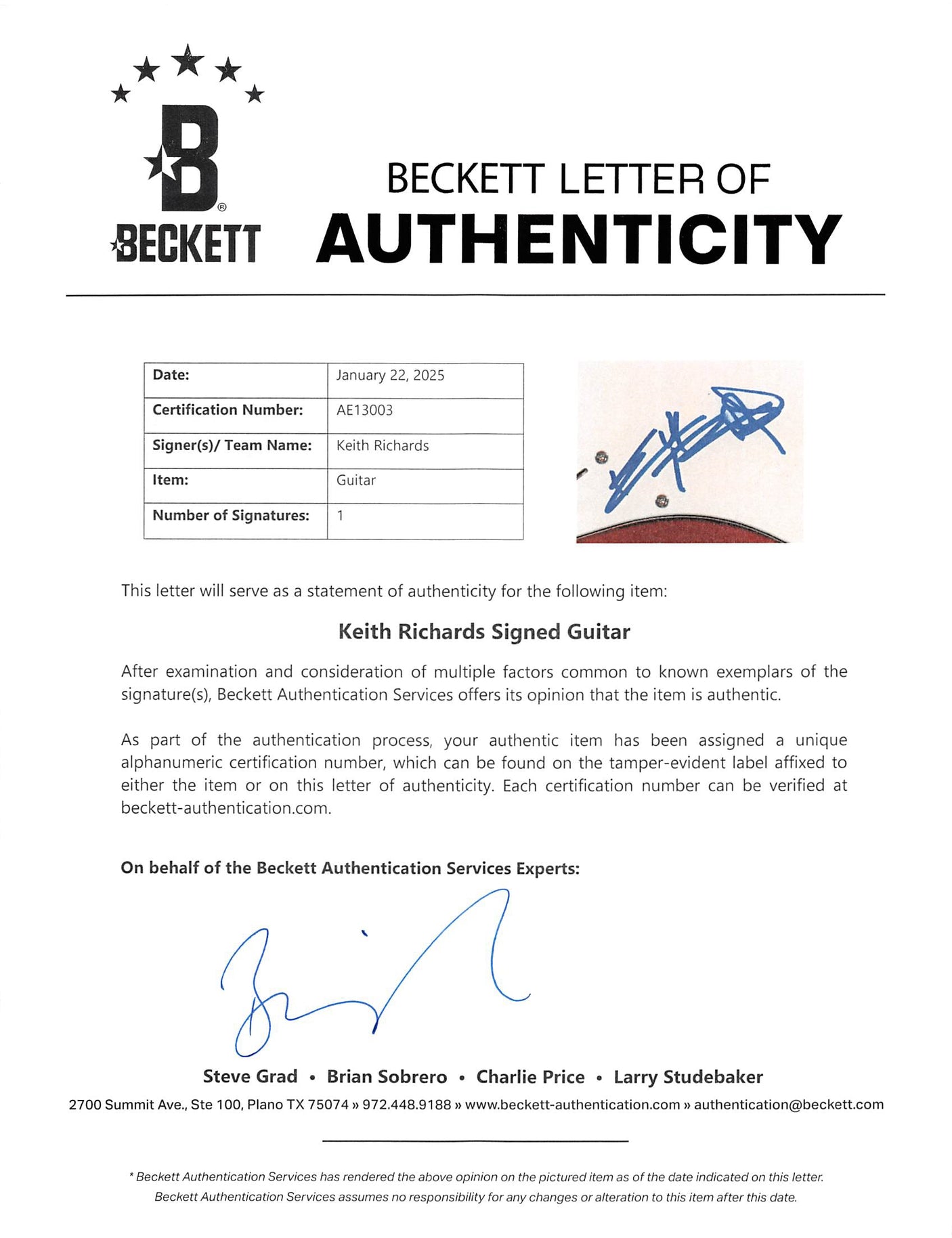 Keith Richards Rolling Stones Authentic Signed Red Electric Guitar BAS #AE13003