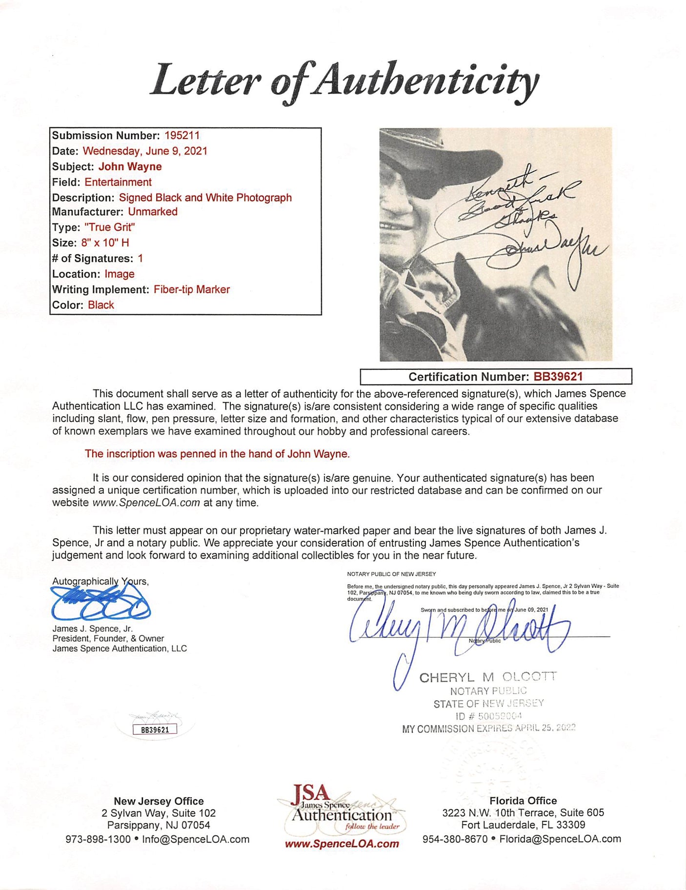 John Wayne True Grit "Good Luck" Authentic Signed 8x10 B&W Photo JSA #BB39621