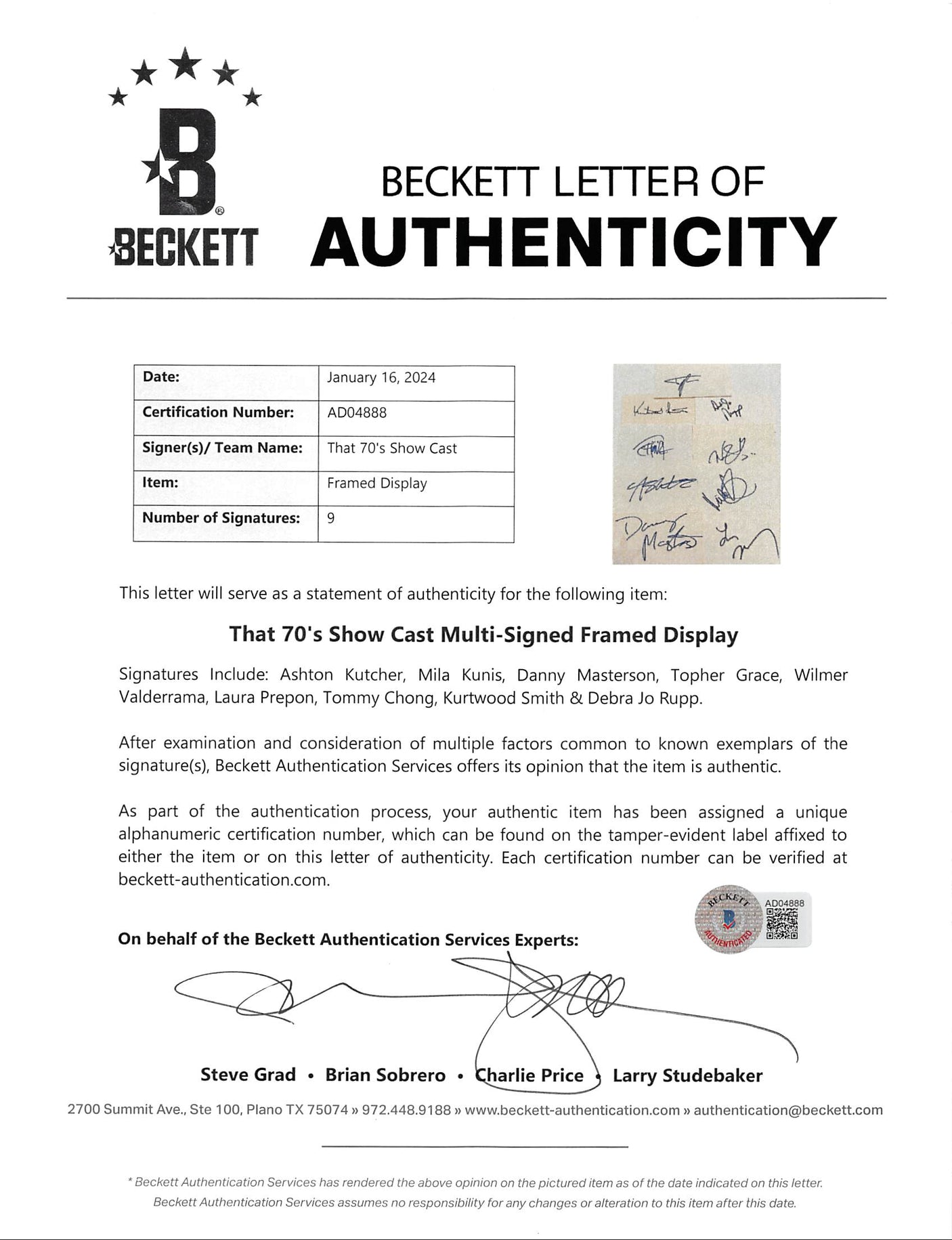 That 70's Show (9) Kutcher, Kunis, Grace, Prepon +5 Signed Framed Display BAS