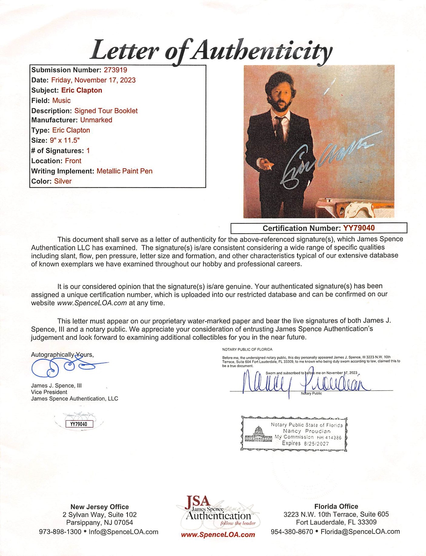 Eric Clapton Authentic Signed 9x11.5 Money & Cigarettes Program JSA #YY79040
