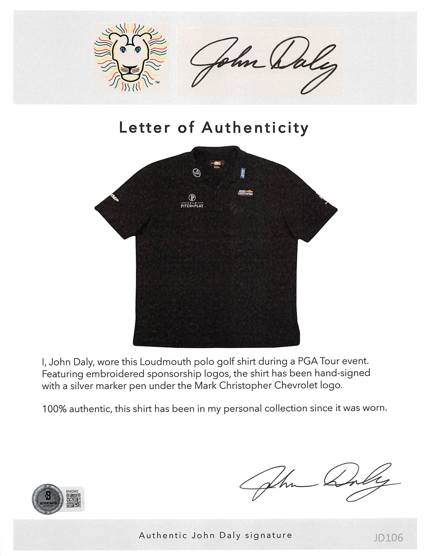 John Daly Authentic Signed Match Worn Black Loudmouth Polo Shirt BAS #BK84778