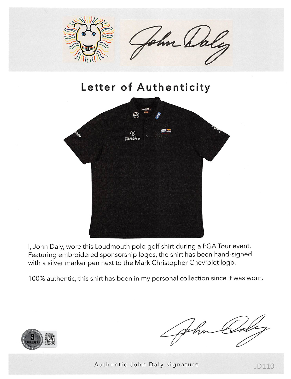 John Daly Authentic Signed Match Worn Black Loudmouth Polo Shirt BAS #BK84774