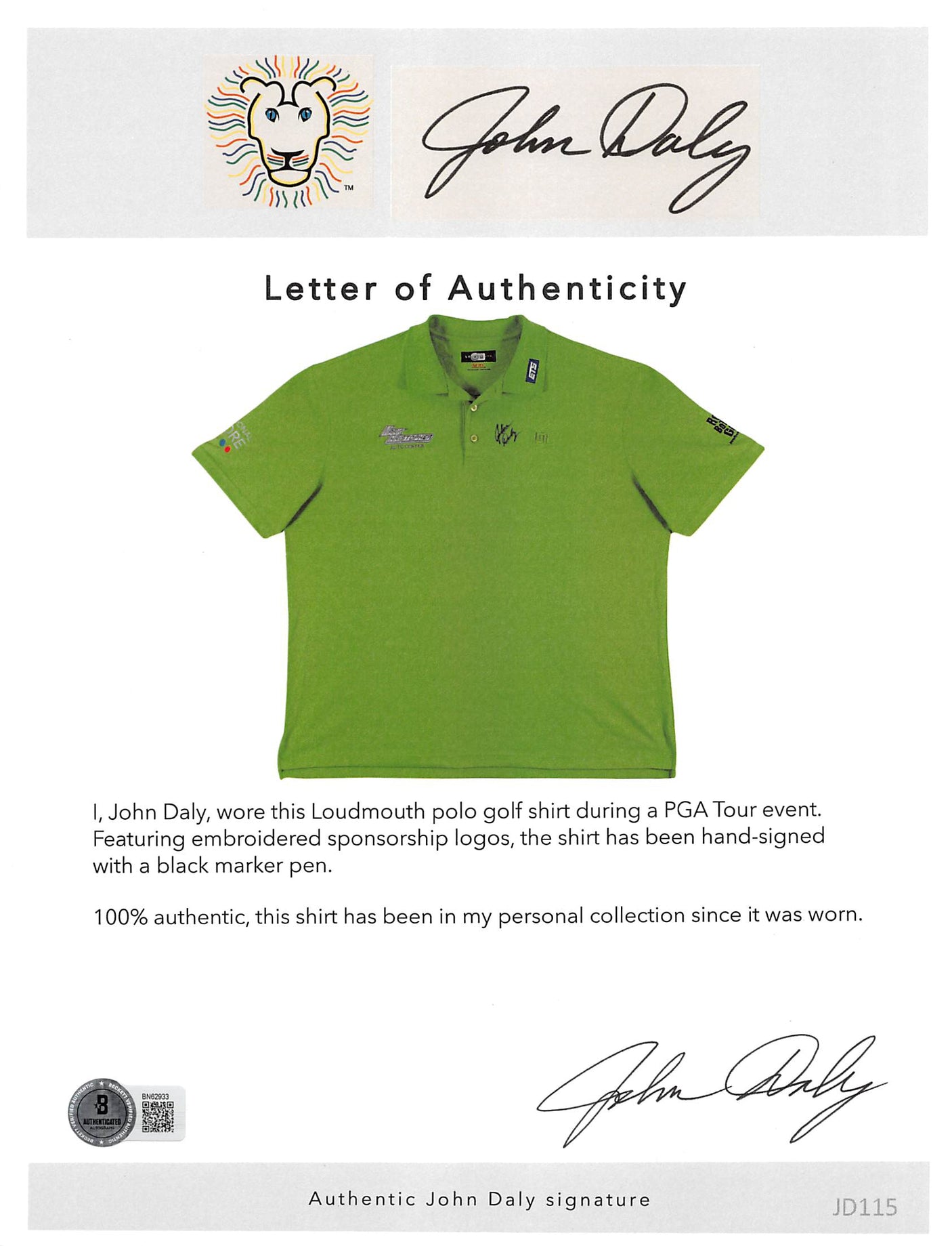 John Daly Authentic Signed Match Worn Green Loudmouth Polo Shirt BAS #BK84768
