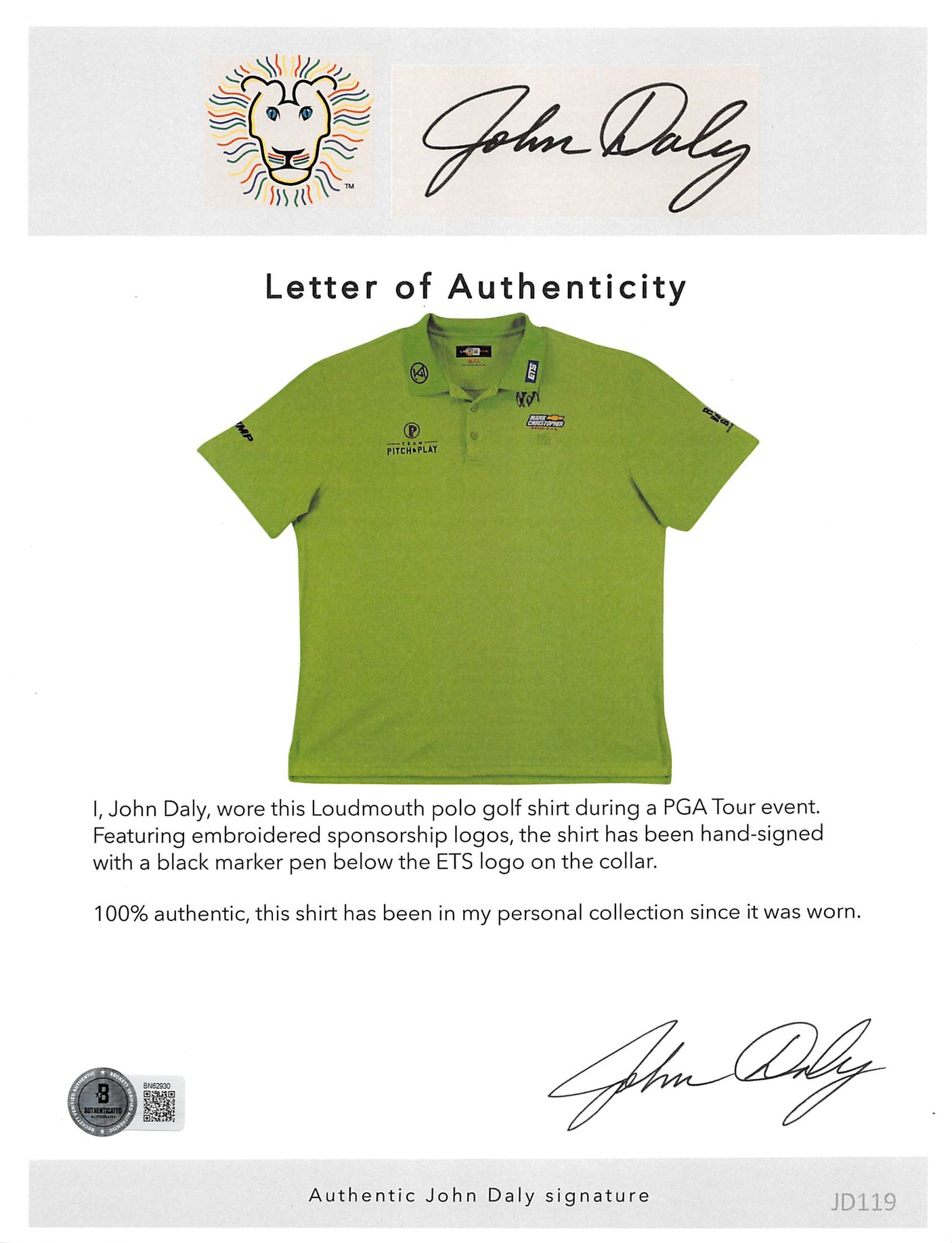 John Daly Authentic Signed Match Worn Green Loudmouth Polo Shirt BAS #BK84765
