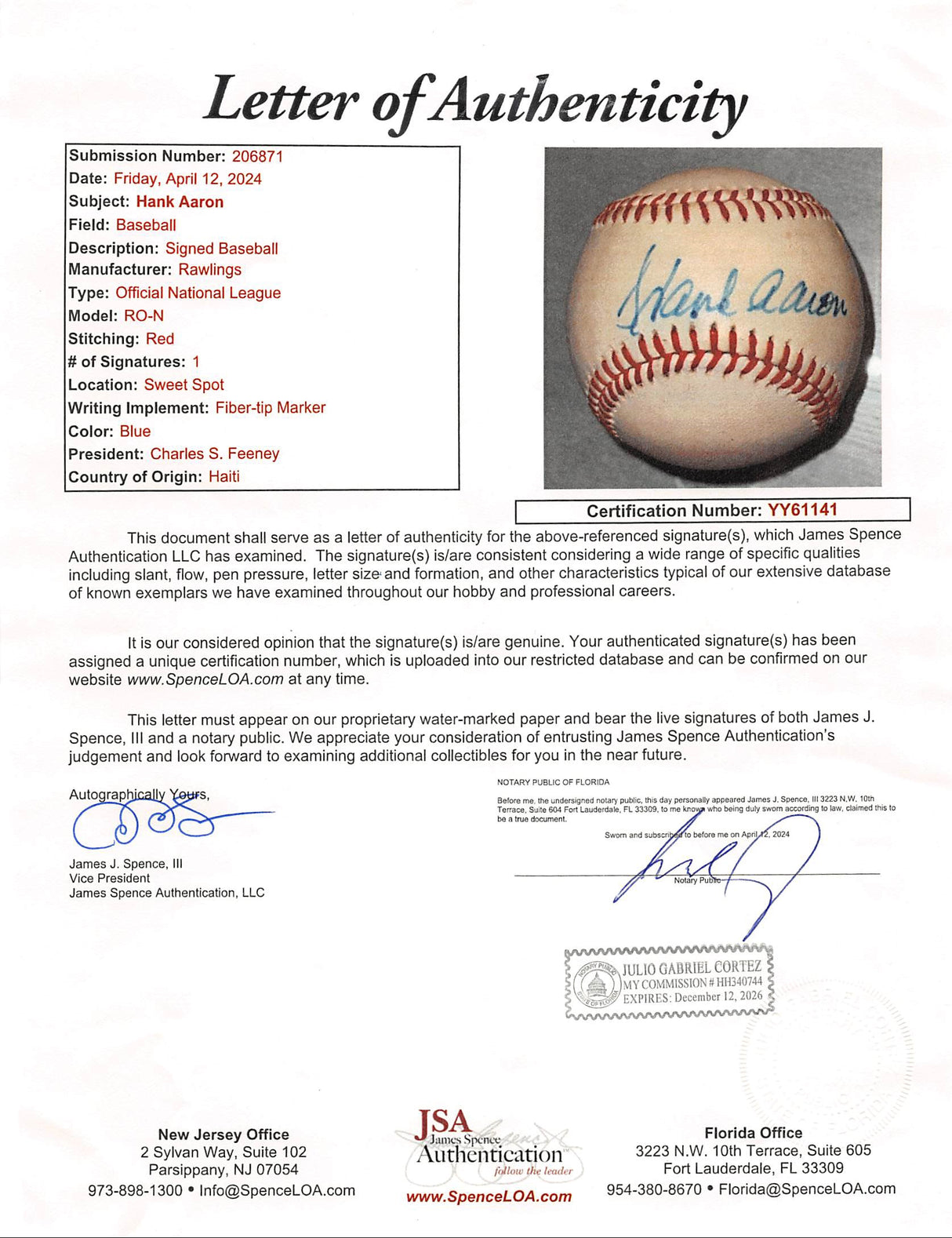 Braves Hank Aaron Authentic Signed Charles Feeney Onl Baseball JSA #YY61141