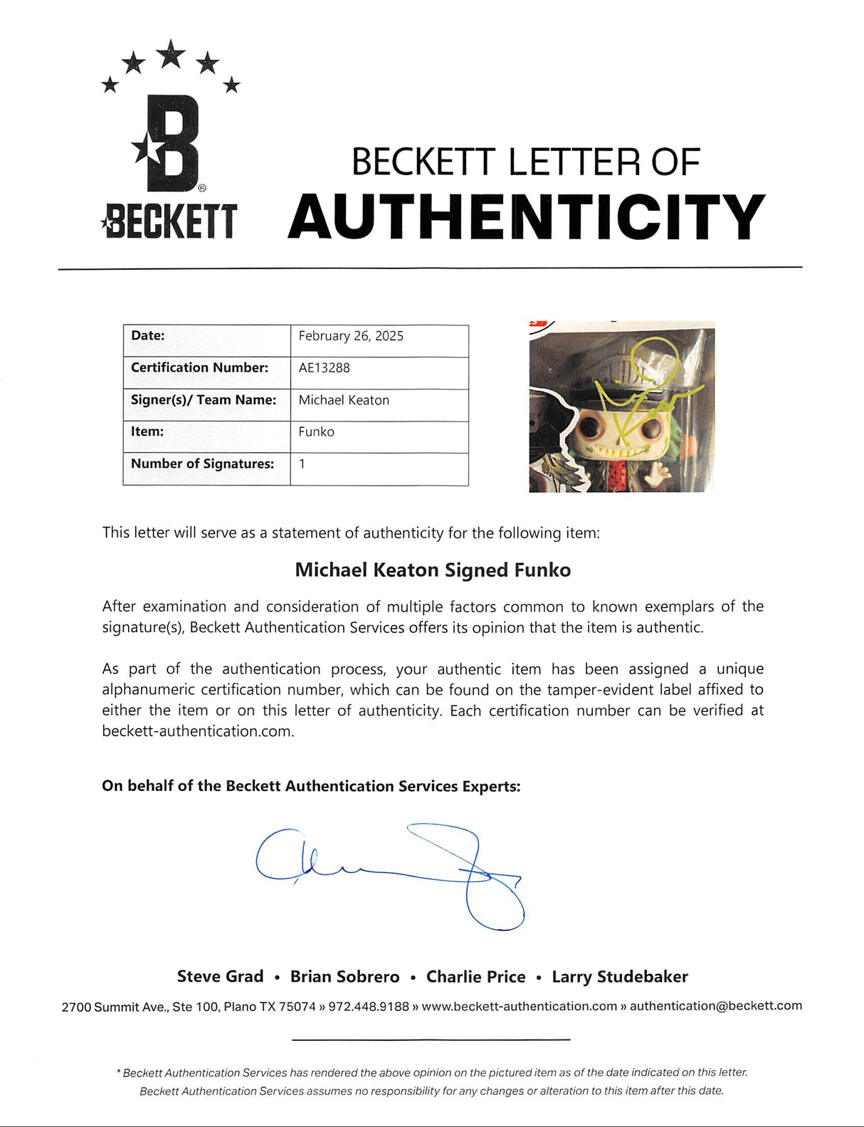 Michael Keaton Beetlejuice Authentic Signed #605 Funko Pop Vinyl Figure BAS