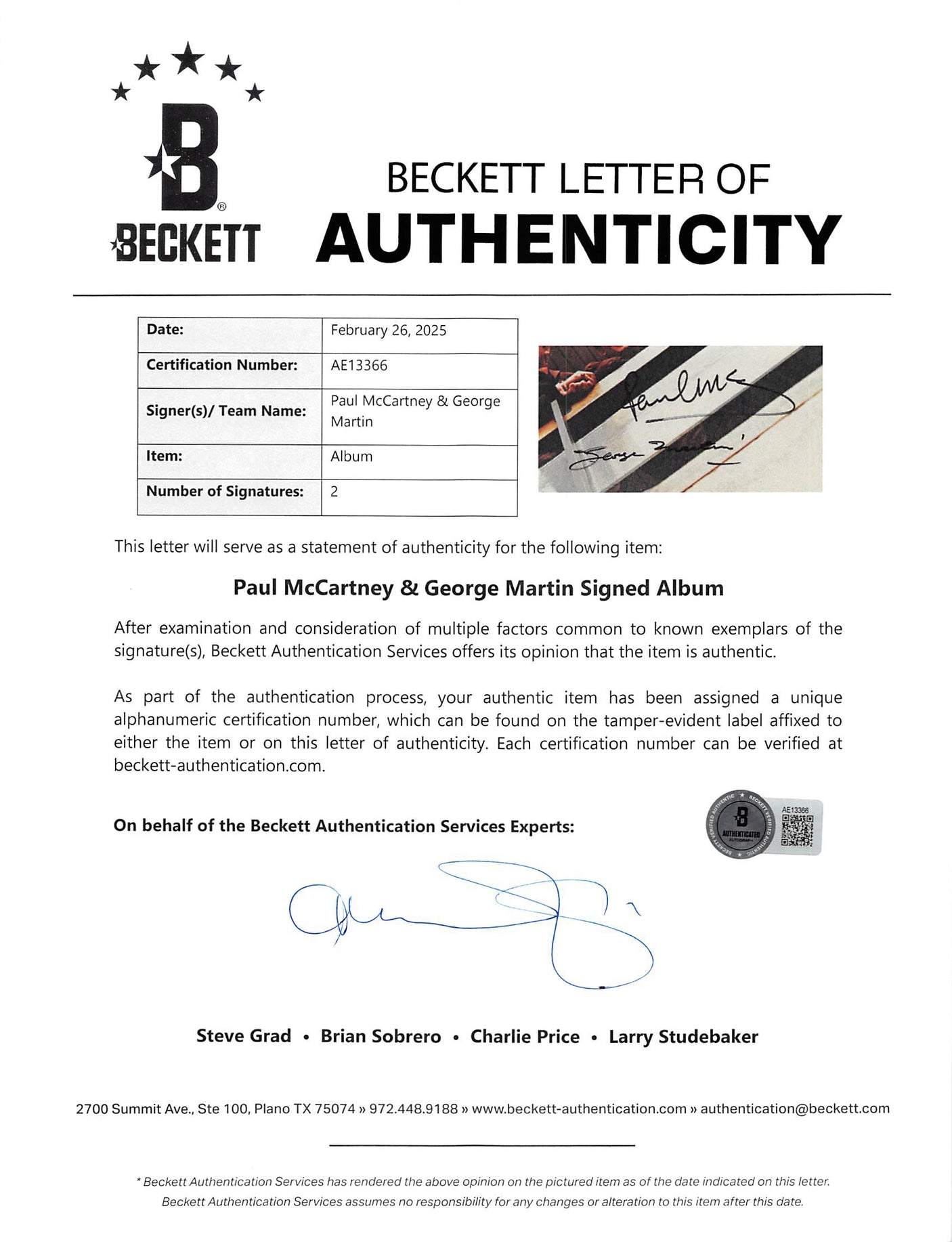 Paul McCartney & George Martin Beatles Signed 1962-1966 Album Cover W/ Vinyl BAS