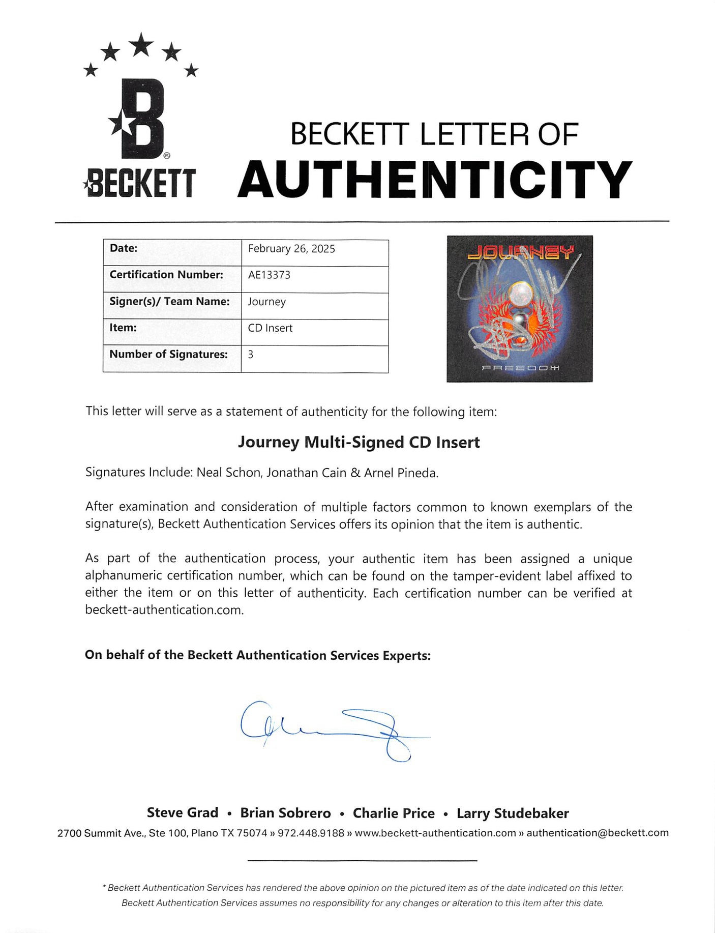 Journey (3) Schon, Cain & Pineda Signed Freedom CD Insert w/ Disk BAS #AE13373