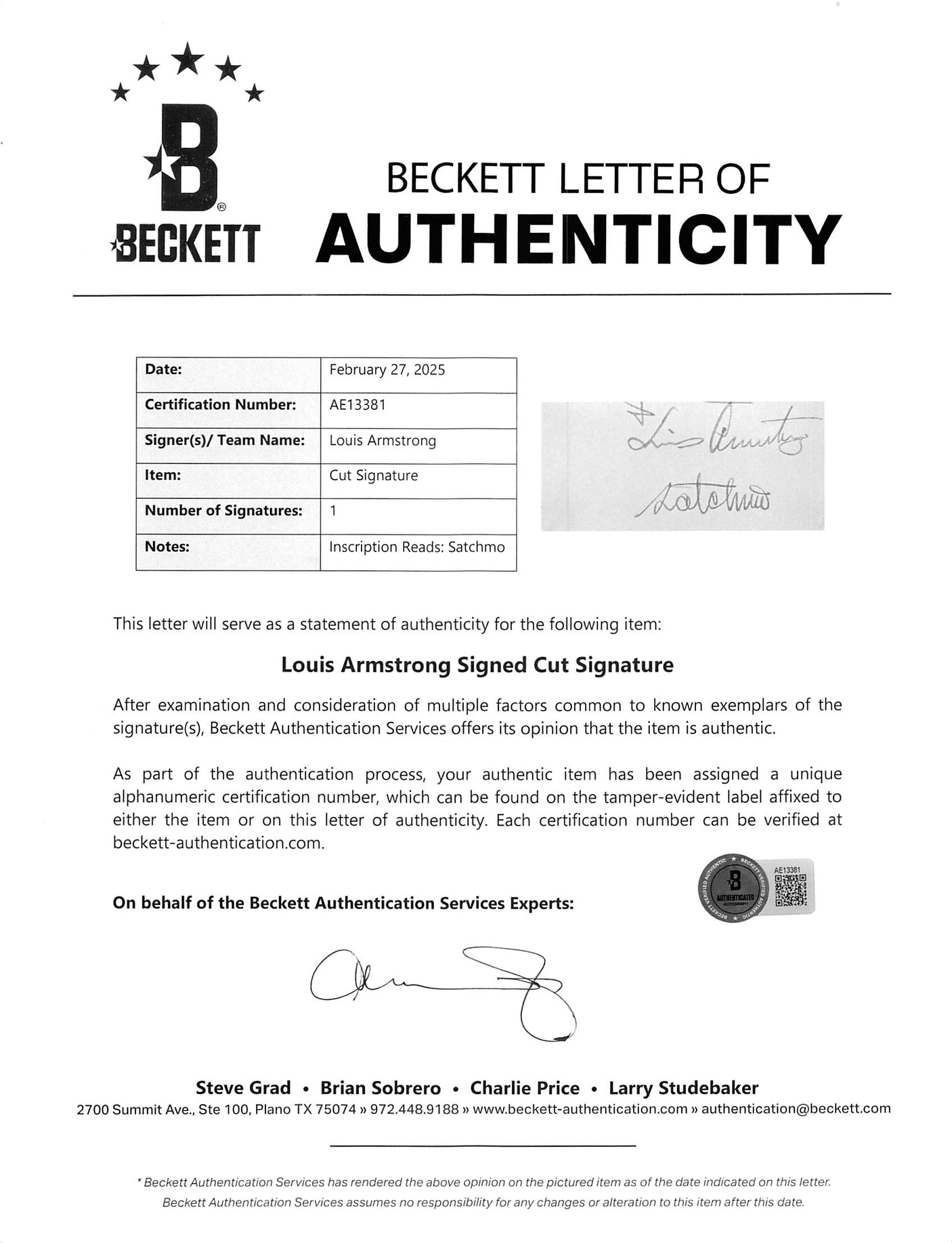 Louis Armstrong "Satchmo" Signed & Framed 3x4.5 Cut Signature BAS #AE13381