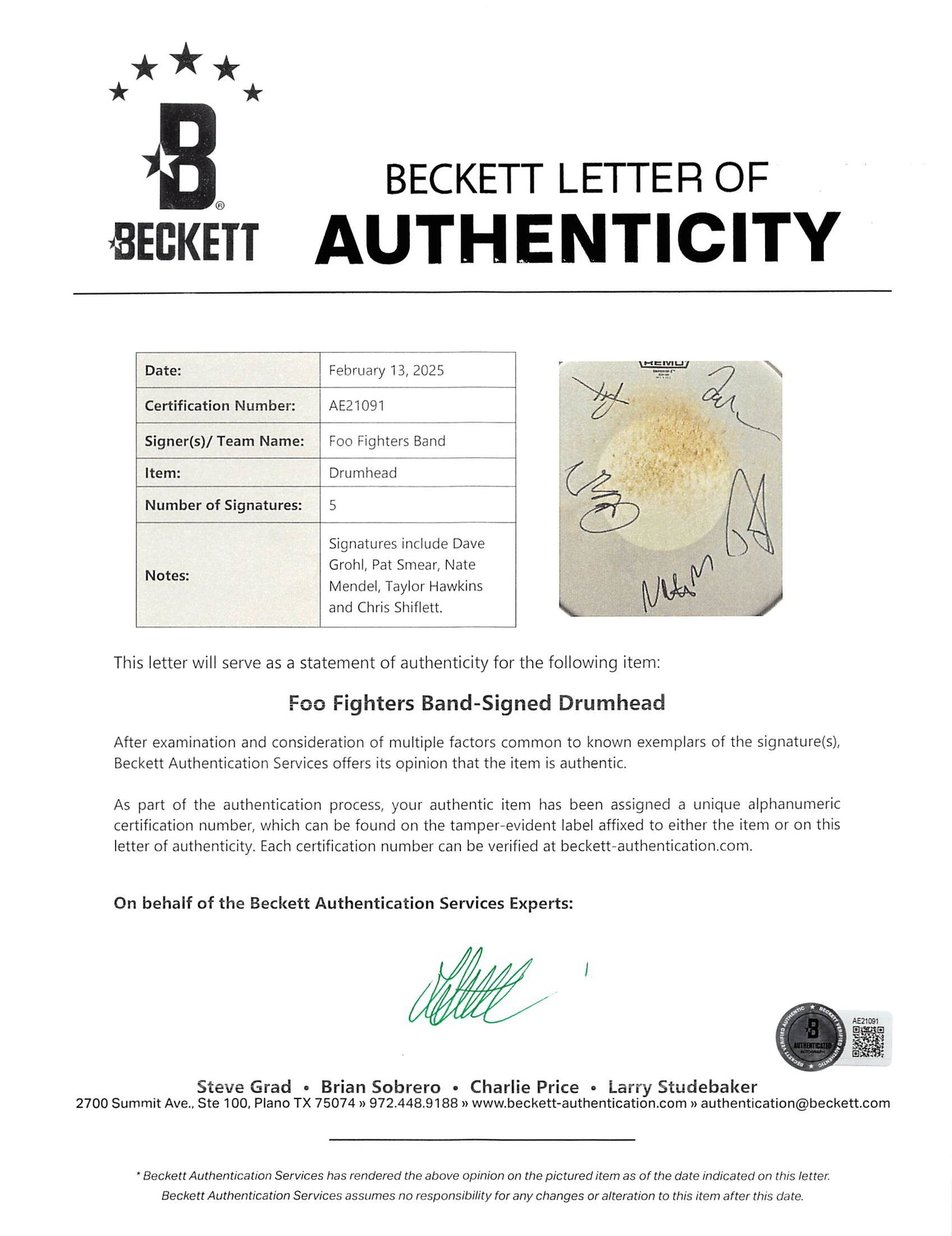 Foo Fighters (5) Grohl, Hawkins +3 Signed 15 Concert Used Drum Head BAS #AE21091