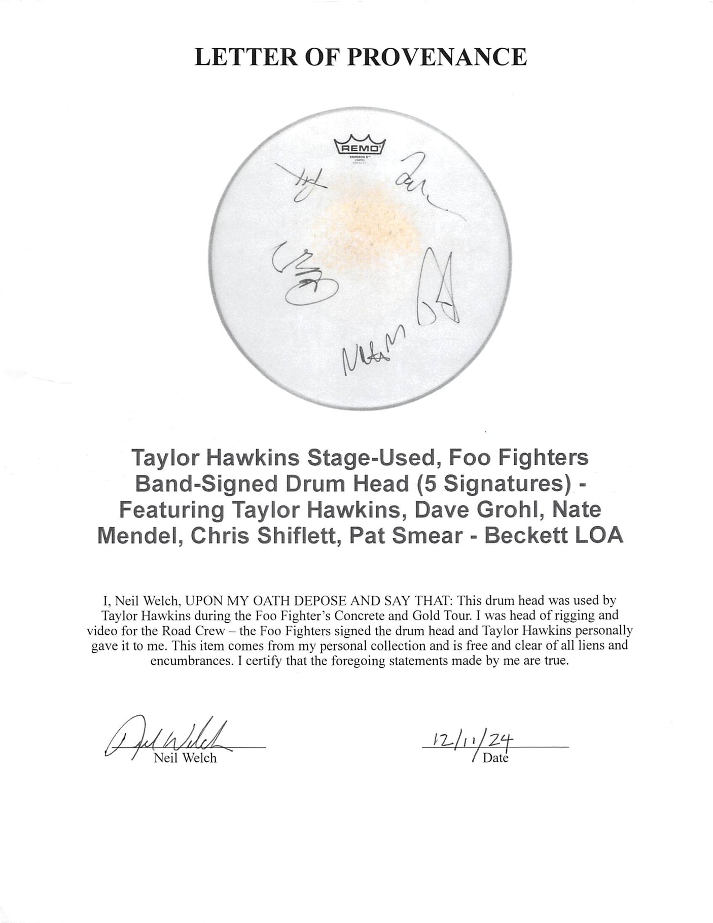 Foo Fighters (5) Grohl, Hawkins +3 Signed 15 Concert Used Drum Head BAS #AE21091
