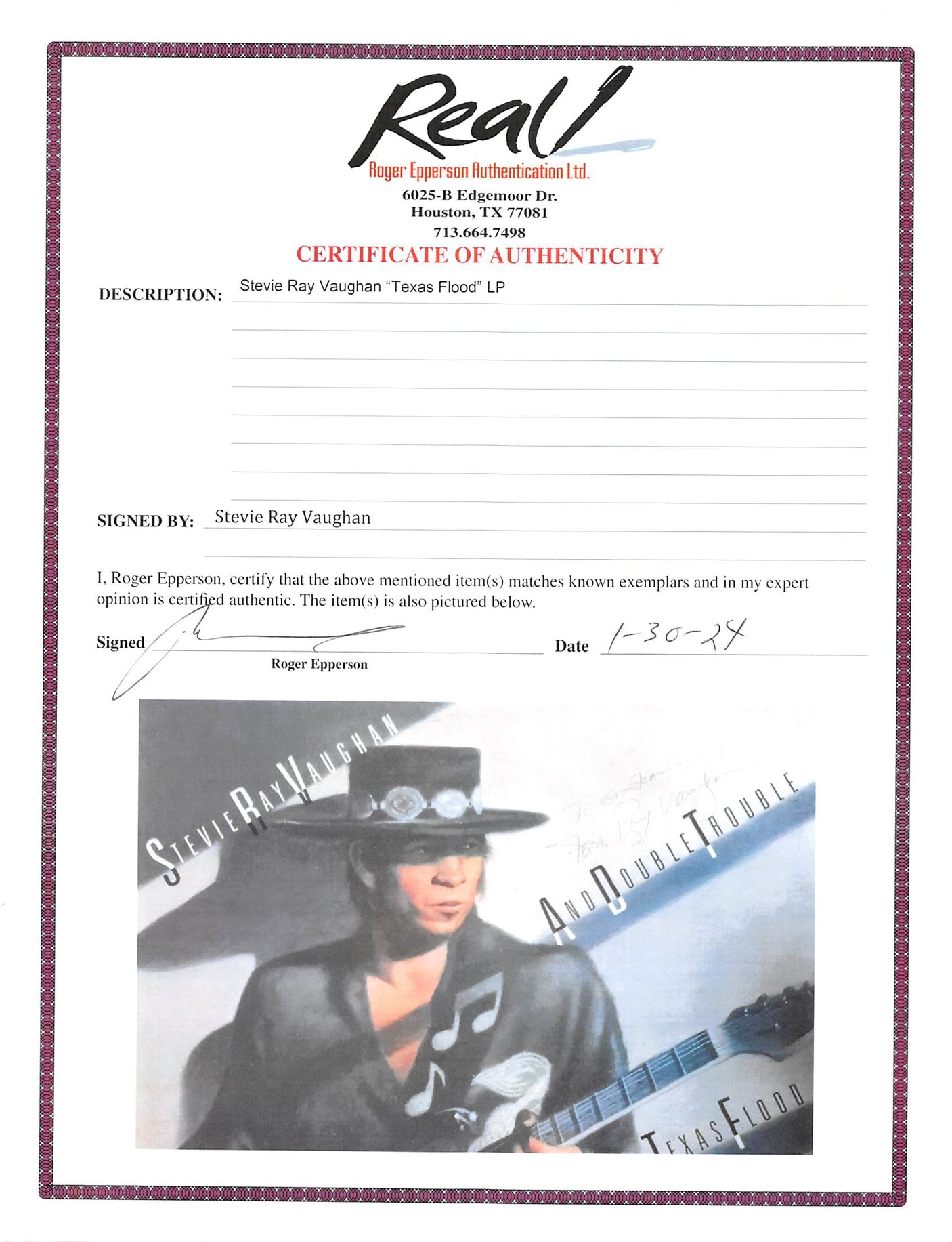 Stevie Ray Vaughan Double Trouble Signed Texas Flood Album Cover JSA #YY84643