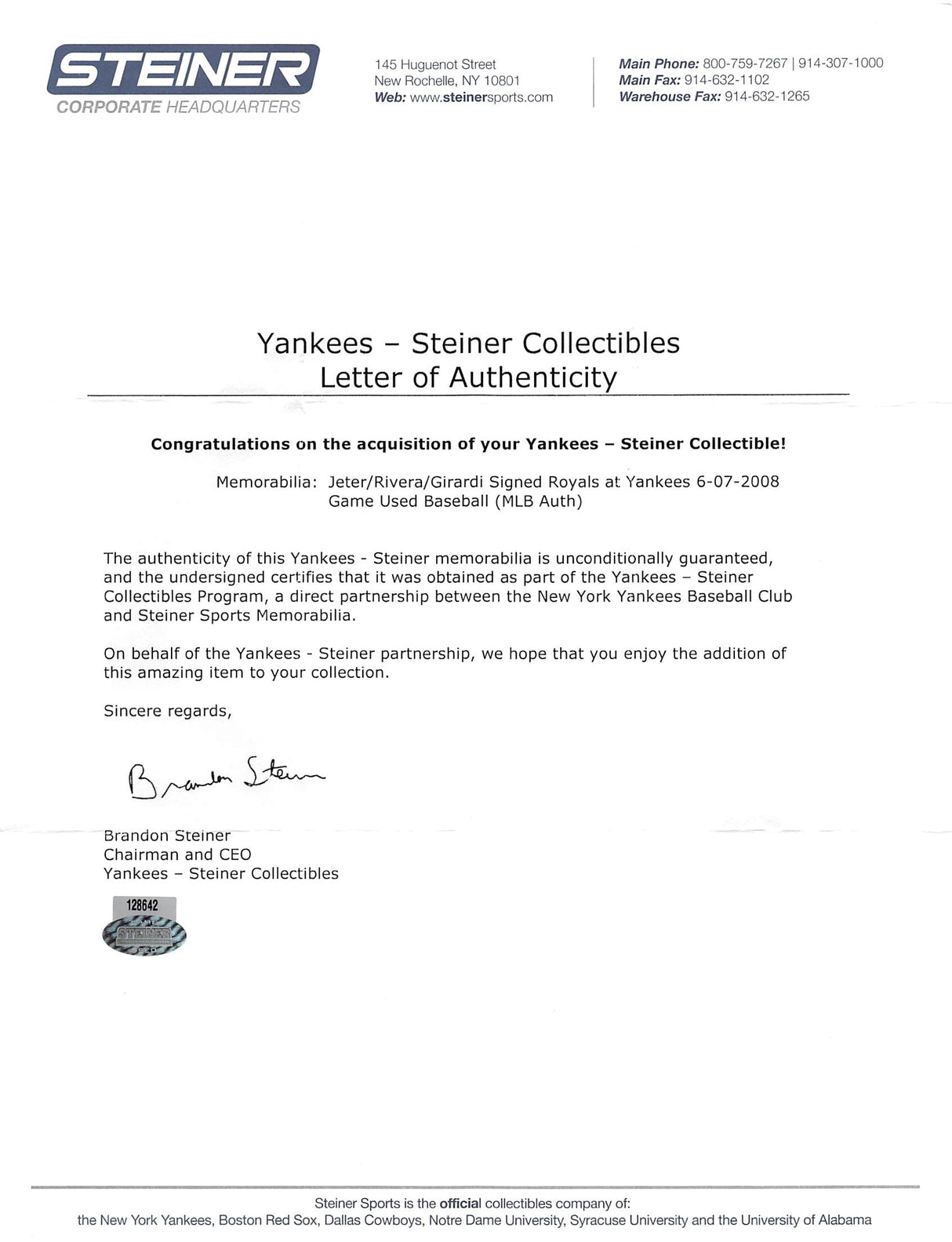 Yankees (3) Jeter, Rivera & Girardi Authentic Signed Game Used Baseball Steiner