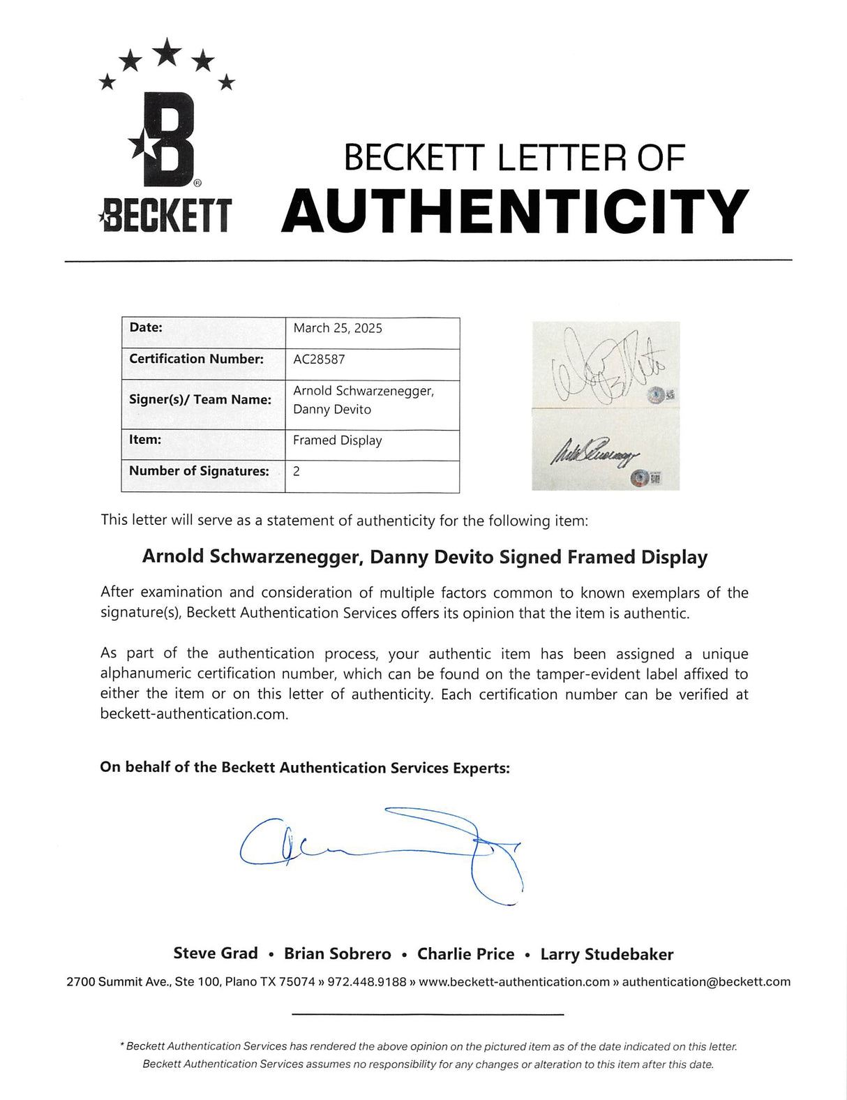 Arnold Schwarzenegger & Danny DeVito Twins Signed Framed Display BAS #AC28587