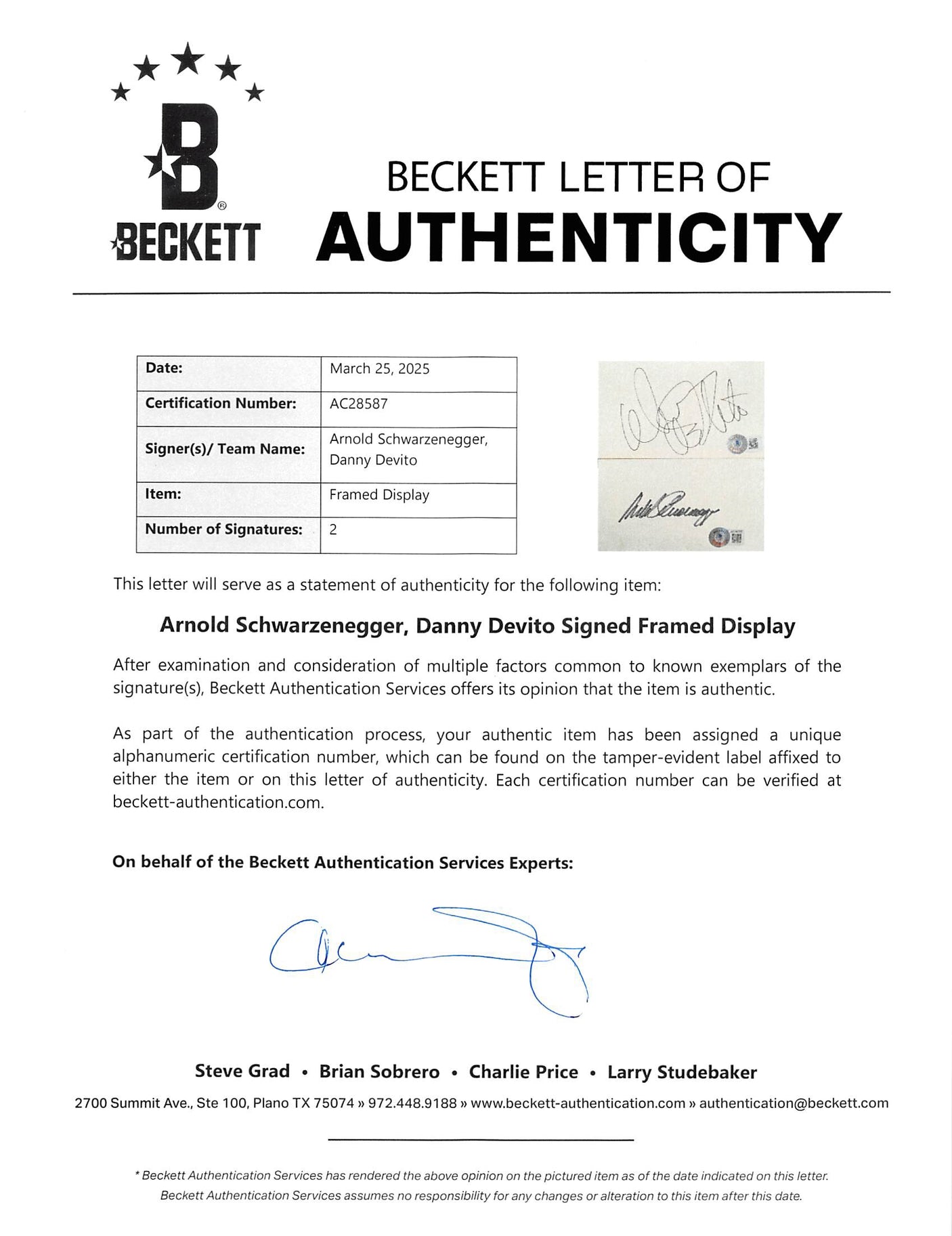 Arnold Schwarzenegger & Danny DeVito Twins Signed Framed Display BAS #AC28587