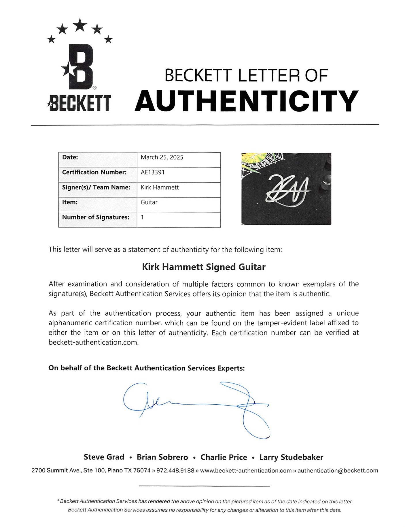 Kirk Hammett Authentic Signed EPS KH-602 Personal Model Guitar w/ Case BAS LOA