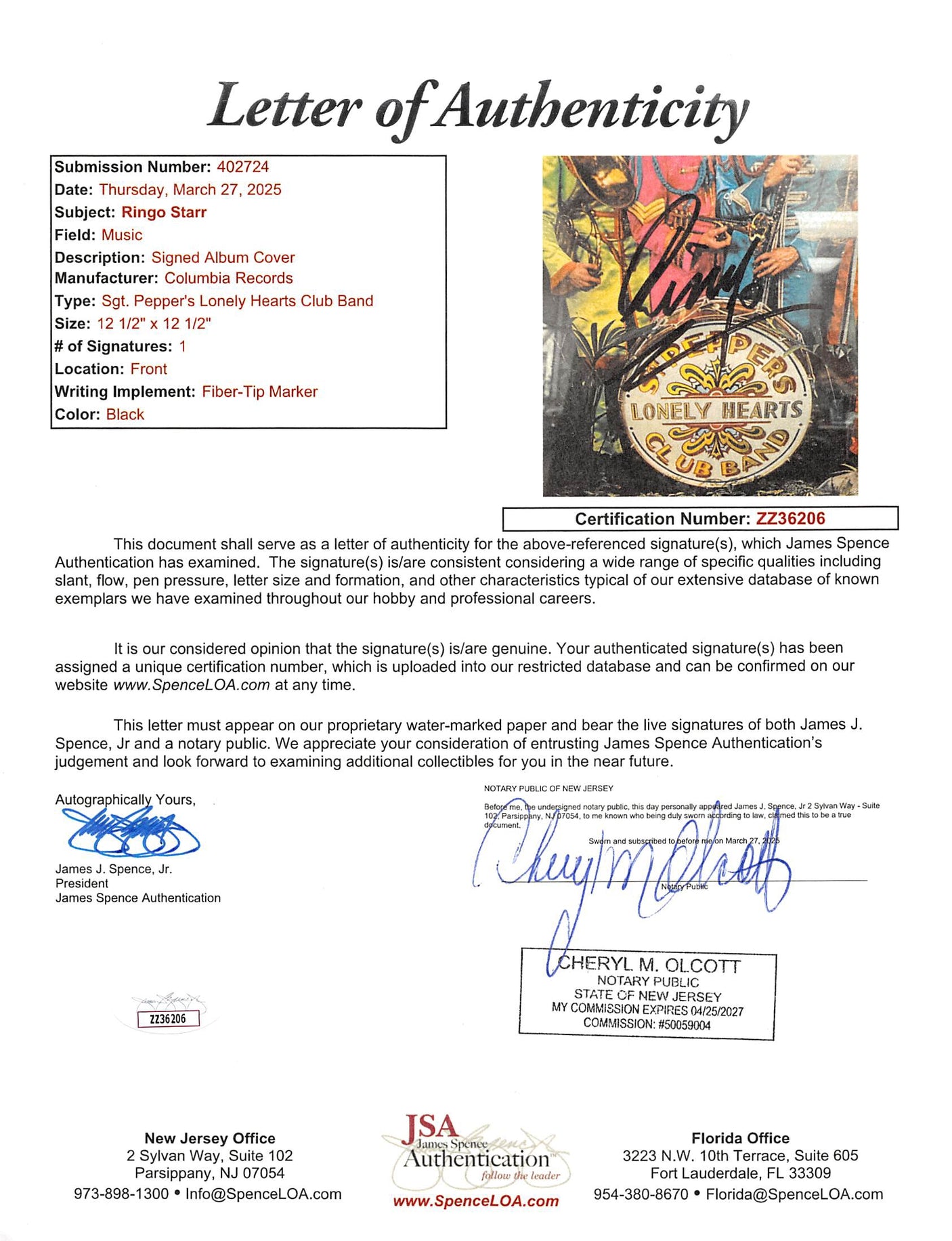 Ringo Starr The Beatles Signed & Framed Sgt. Pepper's Album Cover JSA #ZZ36206