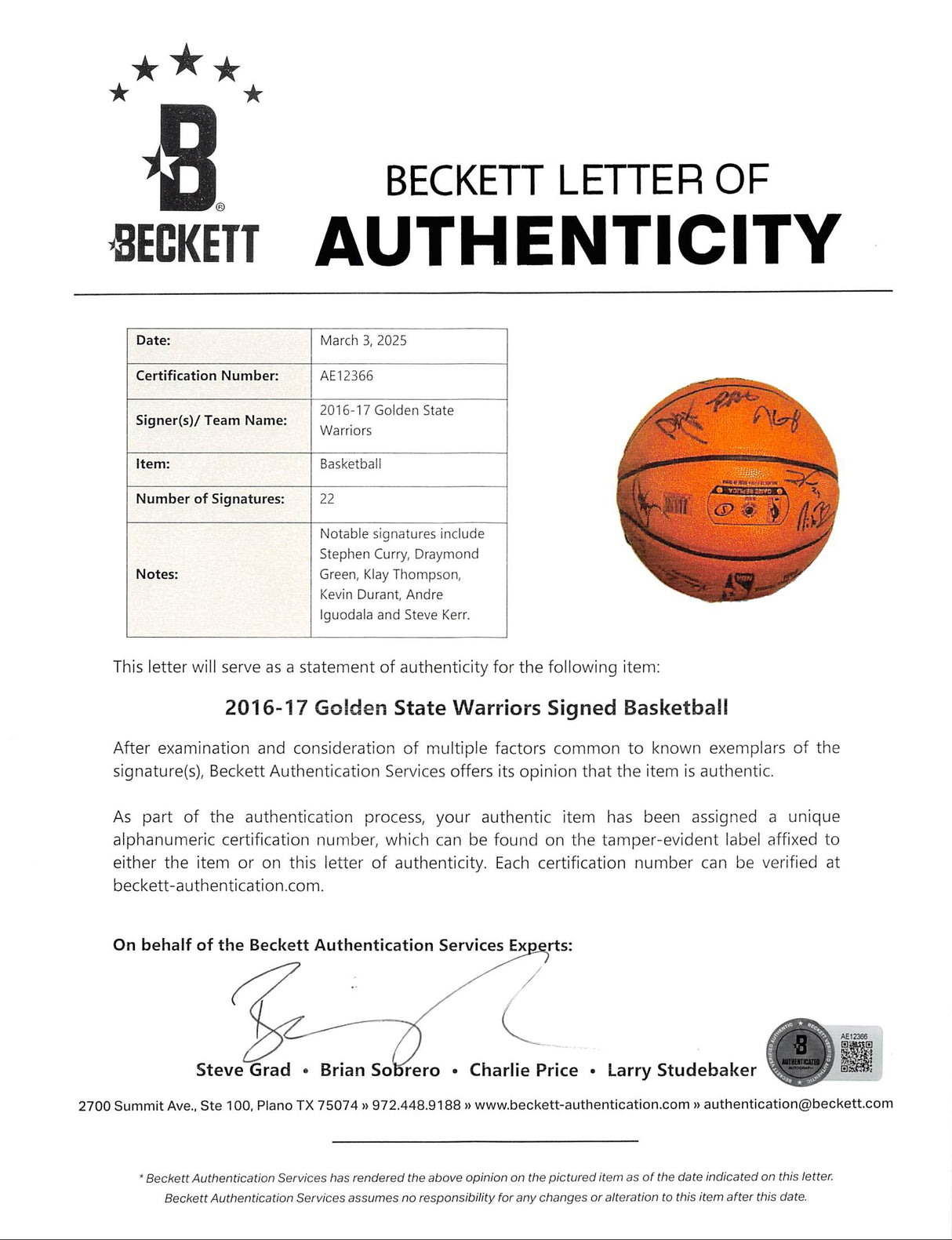2016-17 Warriors (22) Curry, Green, Durant, Kerr Signed Basketball BAS #AE12366