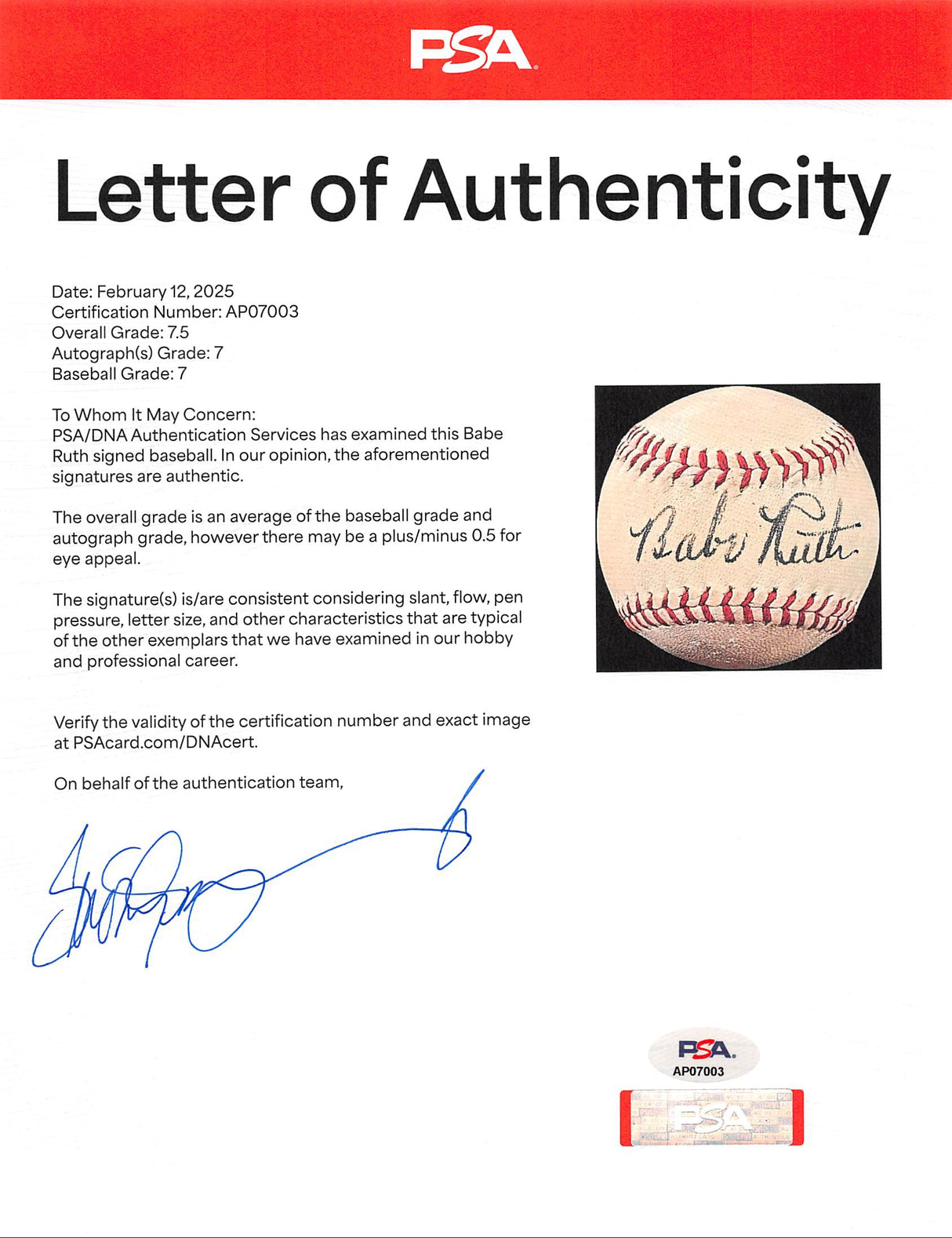 Yankees Babe Ruth Authentic Signed Baseball Graded 7.5! PSA/DNA #AP07003
