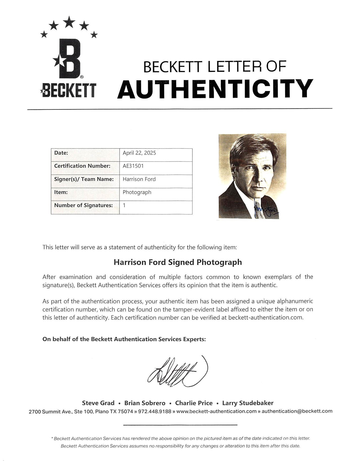 Harrison Ford Clear and Present Danger Authentic Signed 8x10 Photo BAS #AE31501