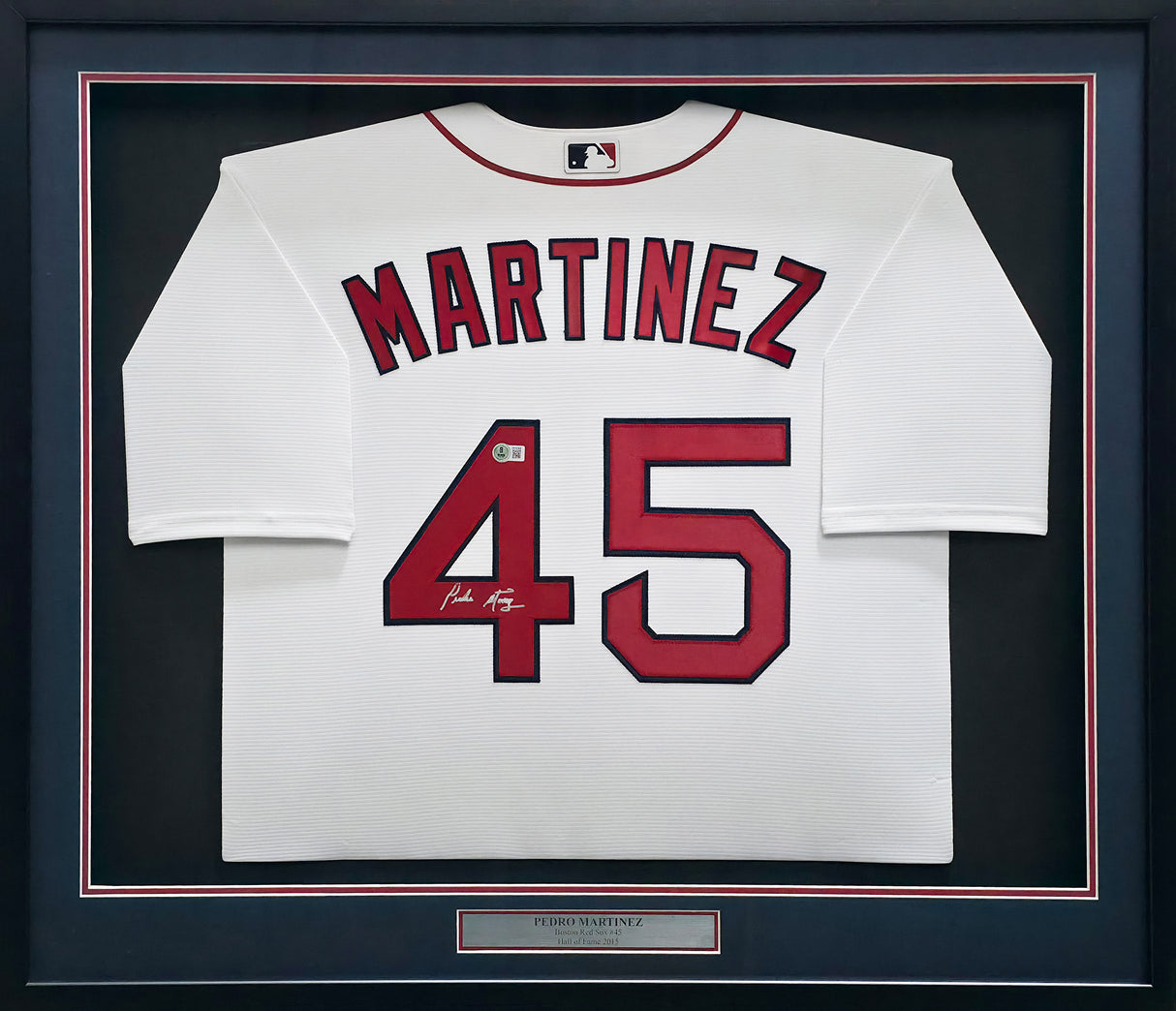 Boston Red Sox Pedro Martinez Autographed Framed White Nike Jersey Beckett BAS Witness Stock #267459