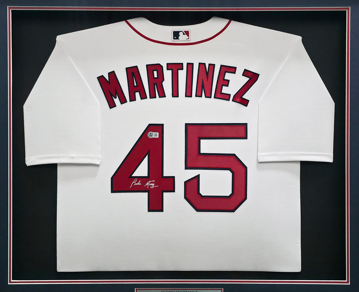 Boston Red Sox Pedro Martinez Autographed Framed White Nike Jersey Beckett BAS Witness Stock #267459