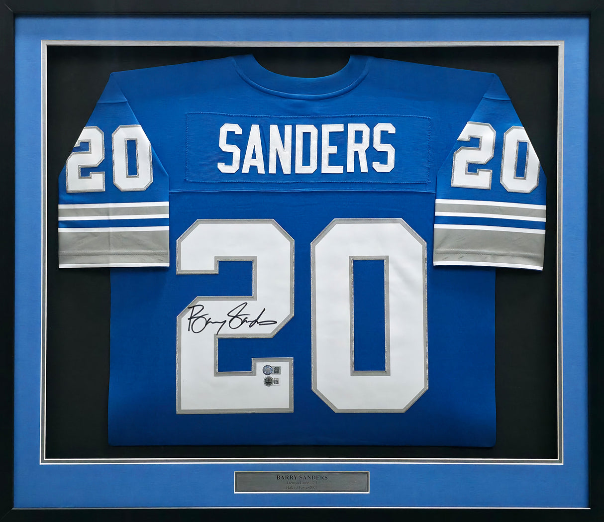 Detroit Lions Barry Sanders Autographed Framed Blue Authentic Mitchell & Ness NFL Legacy Throwback 1996 Jersey Beckett BAS QR Stock #267458