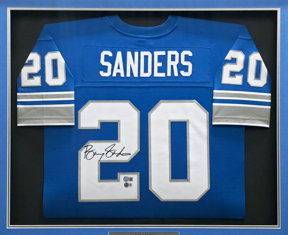 Detroit Lions Barry Sanders Autographed Framed Blue Authentic Mitchell & Ness NFL Legacy Throwback 1996 Jersey Beckett BAS QR Stock #267458