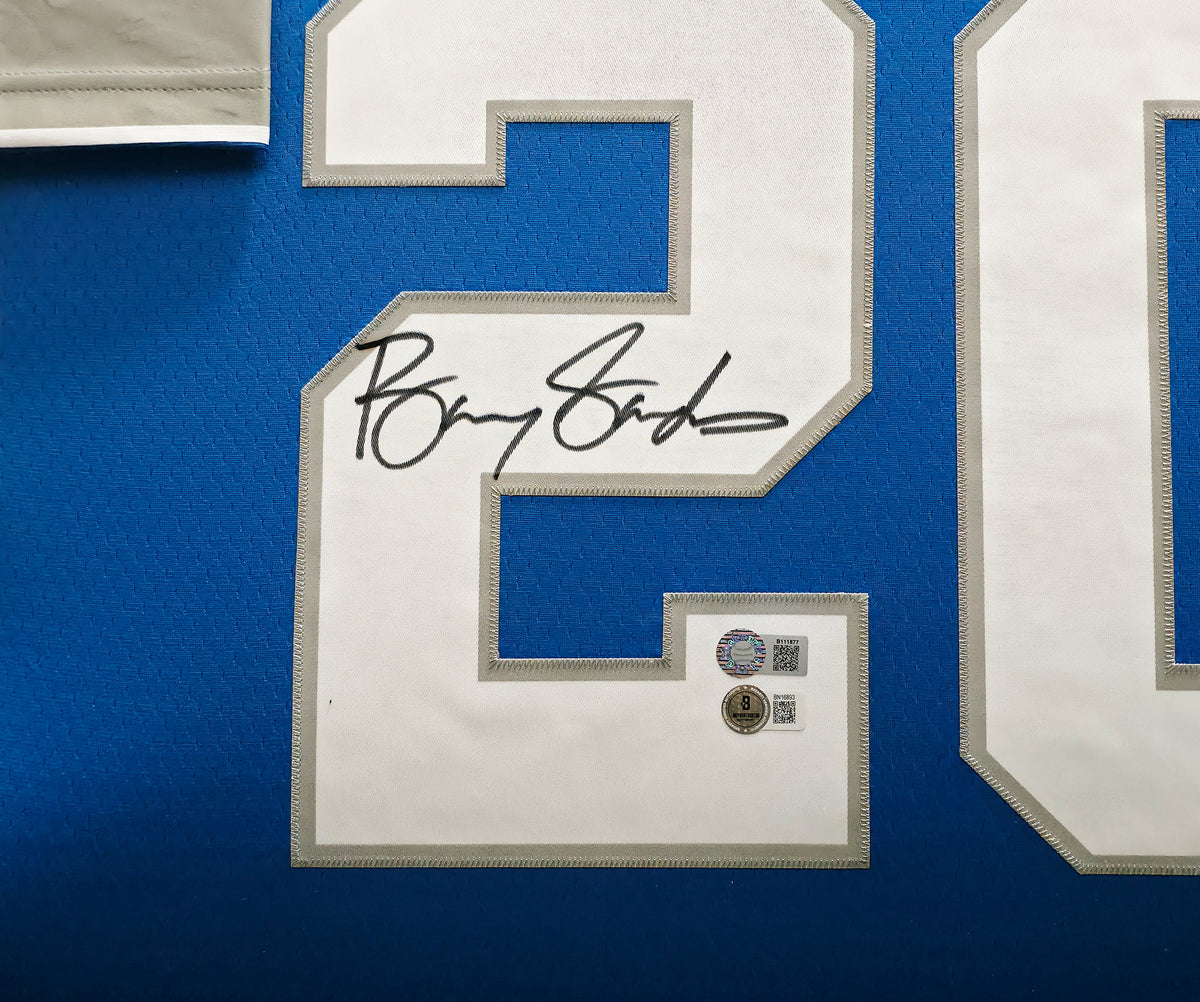 Detroit Lions Barry Sanders Autographed Framed Blue Authentic Mitchell & Ness NFL Legacy Throwback 1996 Jersey Beckett BAS QR Stock #267458