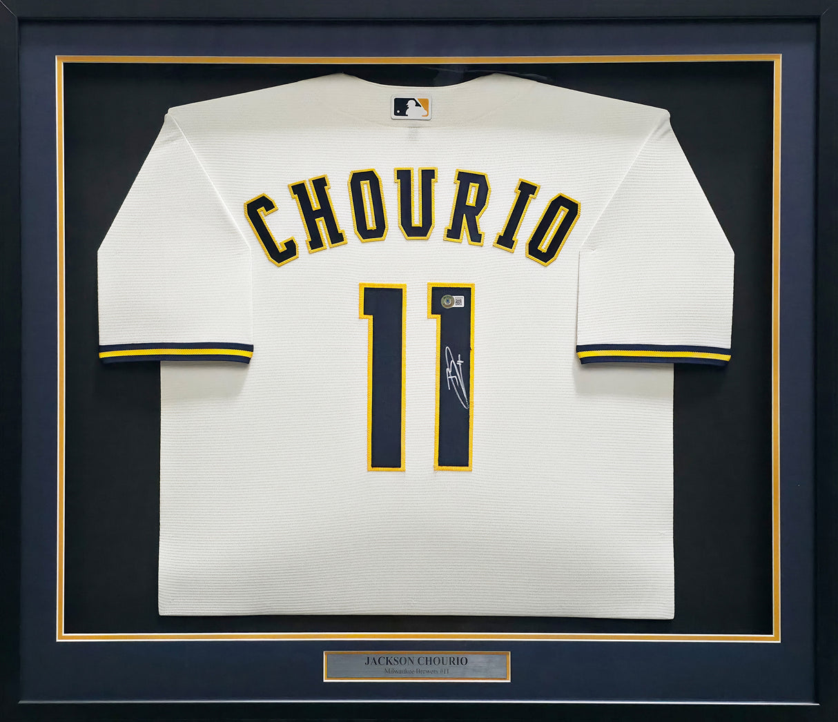 Milwaukee Brewers Jackson Chourio Autographed Framed Cream Nike Jersey Beckett BAS Witness Stock #267813