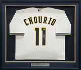 Milwaukee Brewers Jackson Chourio Autographed Framed Cream Nike Jersey Beckett BAS Witness Stock #267813