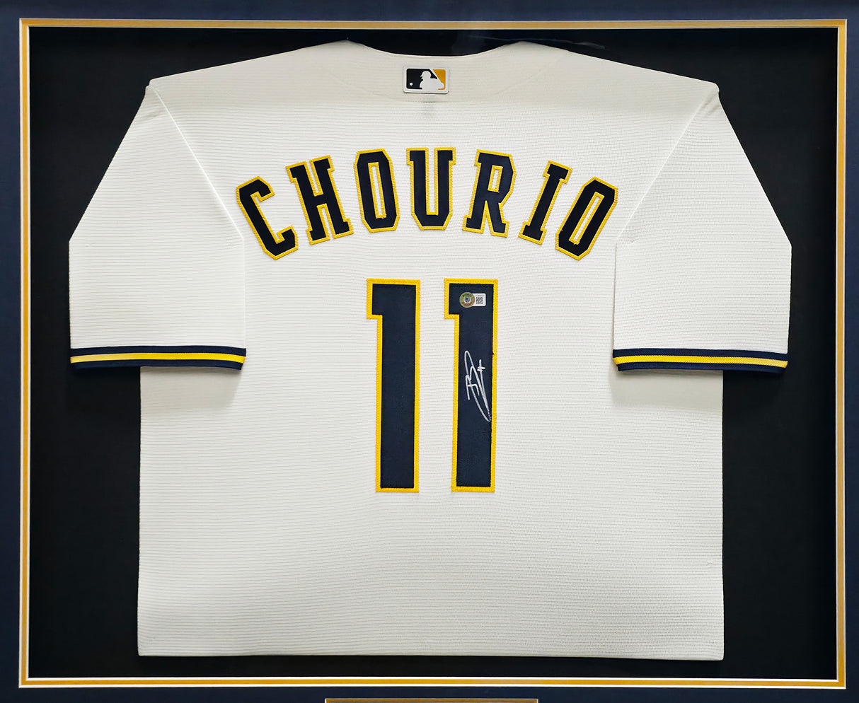 Milwaukee Brewers Jackson Chourio Autographed Framed Cream Nike Jersey Beckett BAS Witness Stock #267813