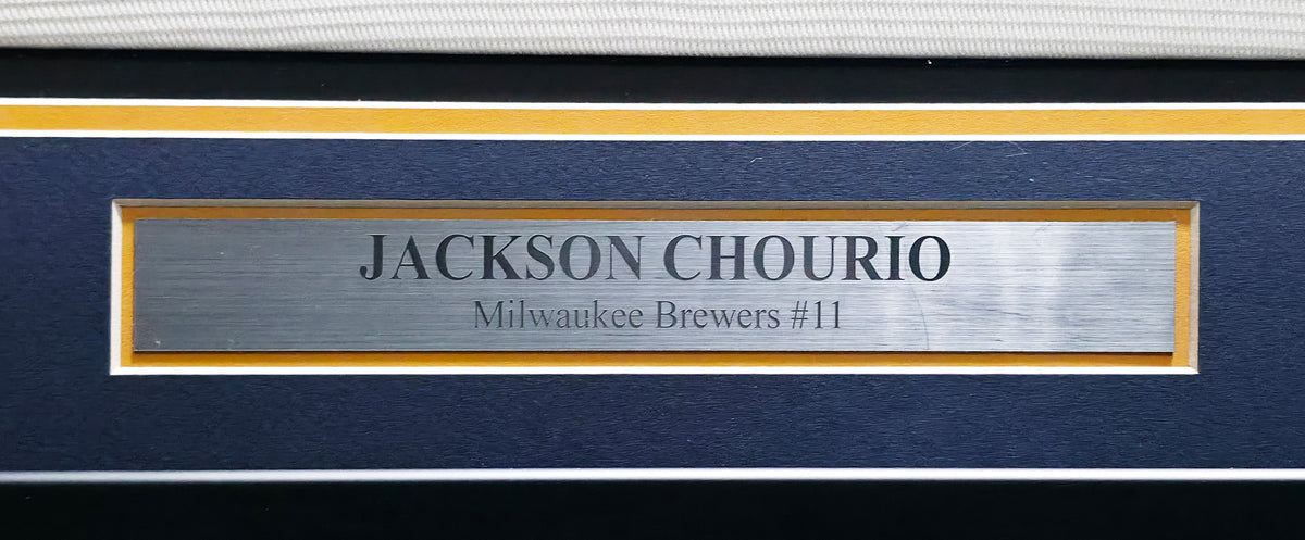 Milwaukee Brewers Jackson Chourio Autographed Framed Cream Nike Jersey Beckett BAS Witness Stock #267813