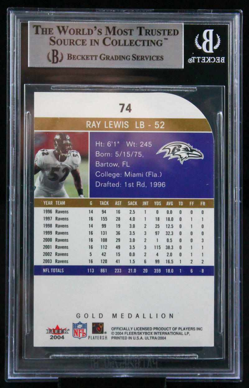 2004 Ultra Gold Medallion #74 Ray Lewis Baltimore Ravens BGS Autograph 10