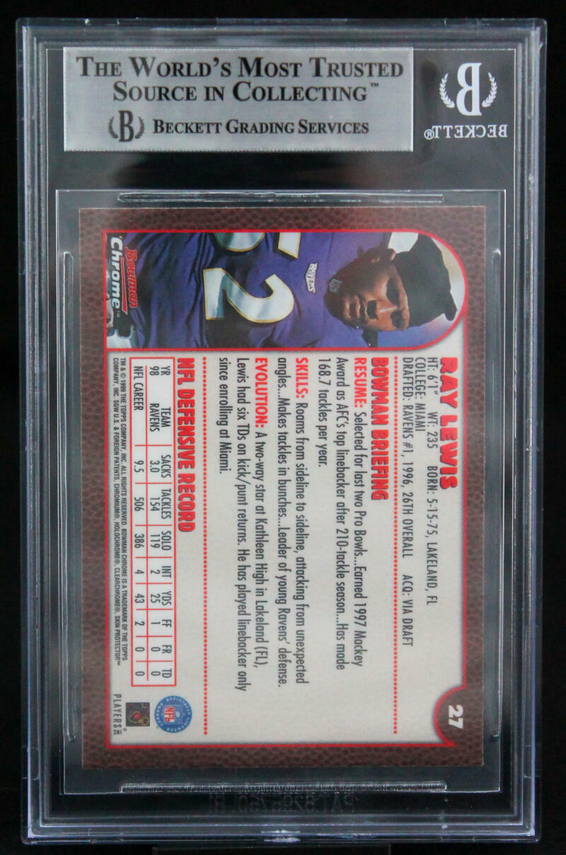 1999 Bowman Chrome #27 Ray Lewis Baltimore Ravens BGS Autograph 10