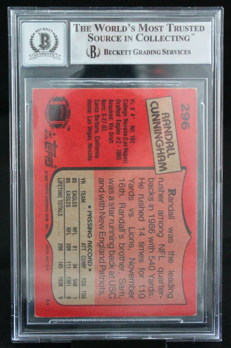 1987 Topps #296 Randall Cunningham Philadelphia Eagles BGS Autograph 10