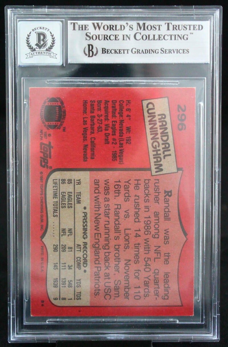 1987 Topps #296 Randall Cunningham Philadelphia Eagles BGS Autograph 10