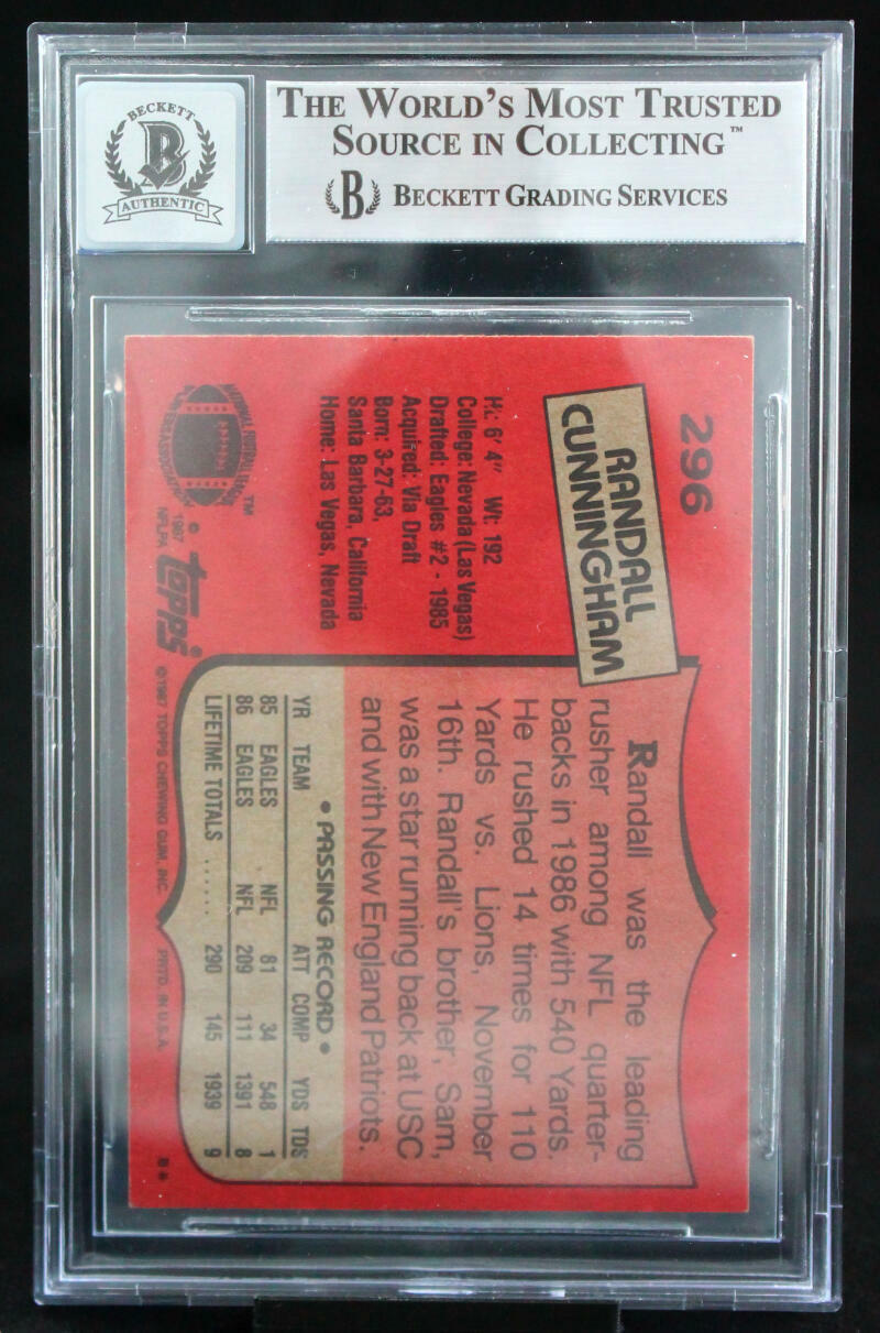 1987 Topps #296 Randall Cunningham Philadelphia Eagles BGS Autograph 10