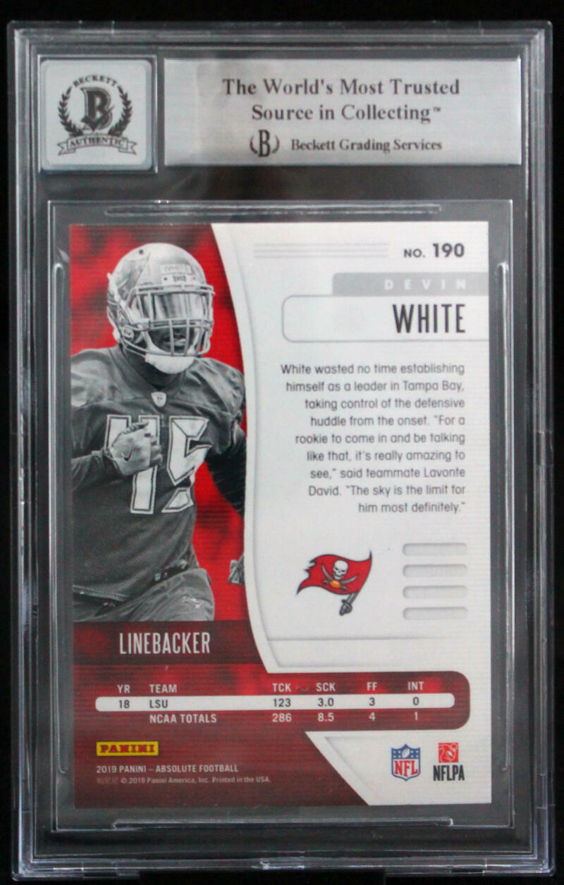 2019 Absolute Blue #190 Devin White Tampa Bay Buccaneers BGS Autograph 10