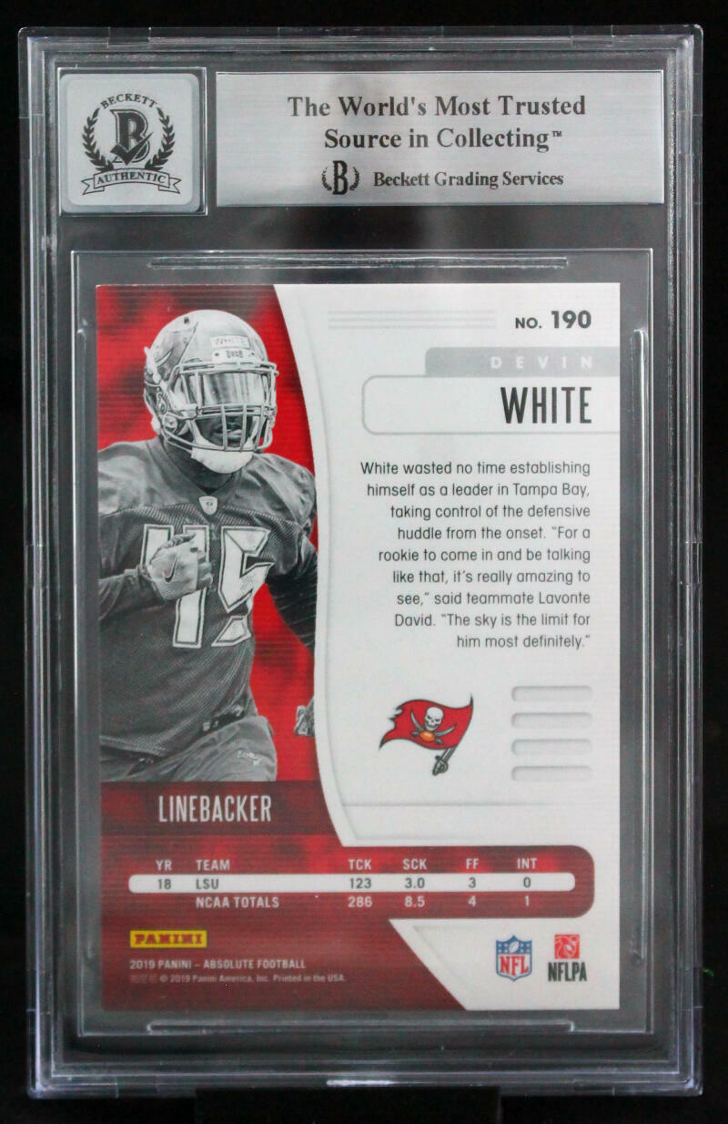 2019 Absolute Blue #190 Devin White Tampa Bay Buccaneers BGS Autograph 10