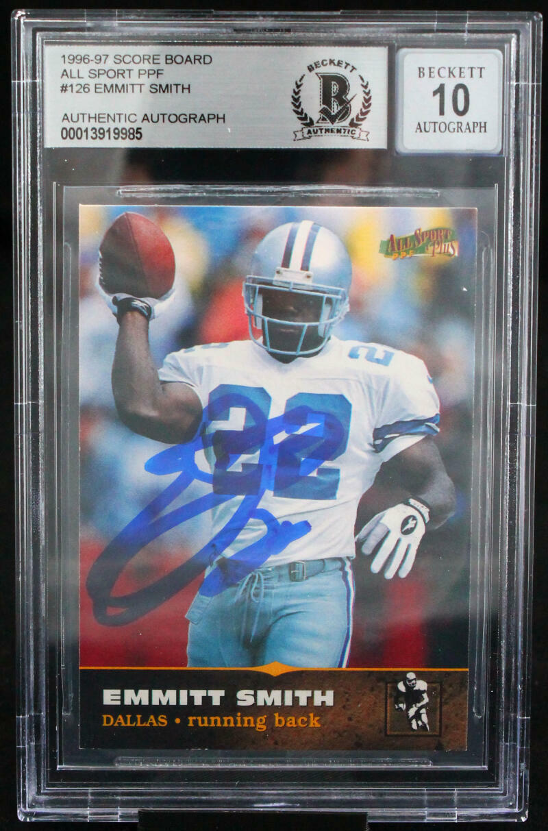 1996-97 Score Board All Sport PPF #126 Emmitt Smith Cowboys BGS Autograph 10