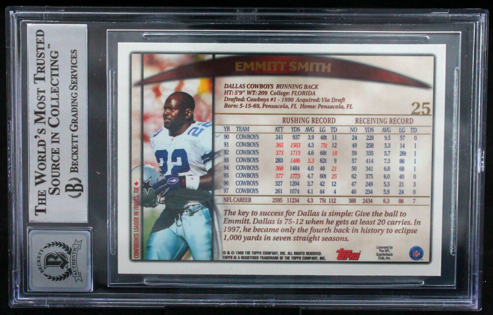 1998 Topps #25 Emmitt Smith Dallas Cowboys BGS Autograph 10