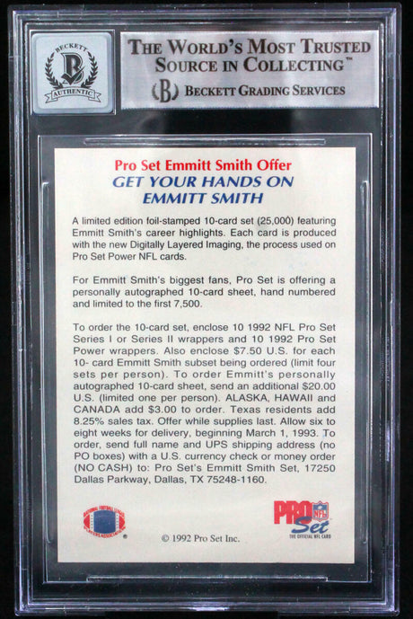 1992 Pro Set #1 Emmitt Smith Auto Dallas Cowboys BGS Autograph 10