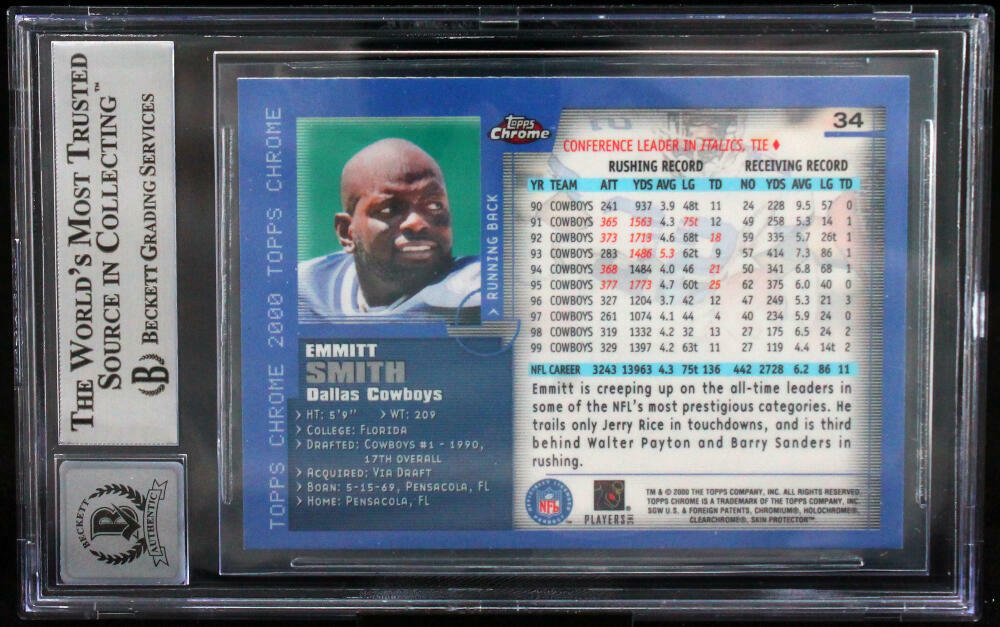 2000 Topps Chrome #34 Emmitt Smith Auto Dallas Cowboys BGS Autograph 10