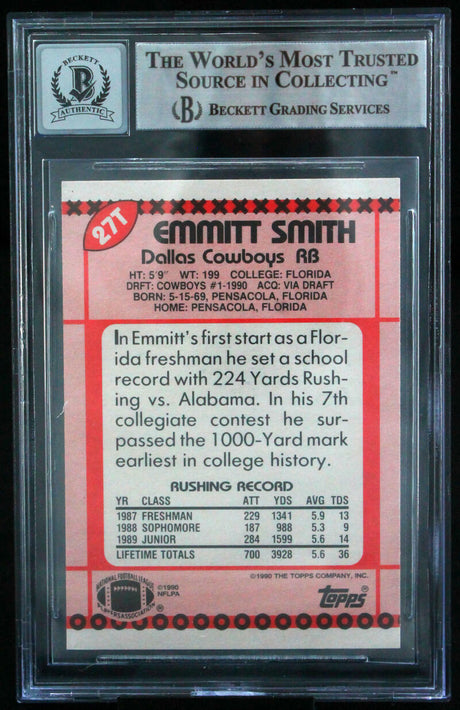 1990 Topps Traded #27T Emmitt Smith Auto Dallas Cowboys BGS Autograph 10