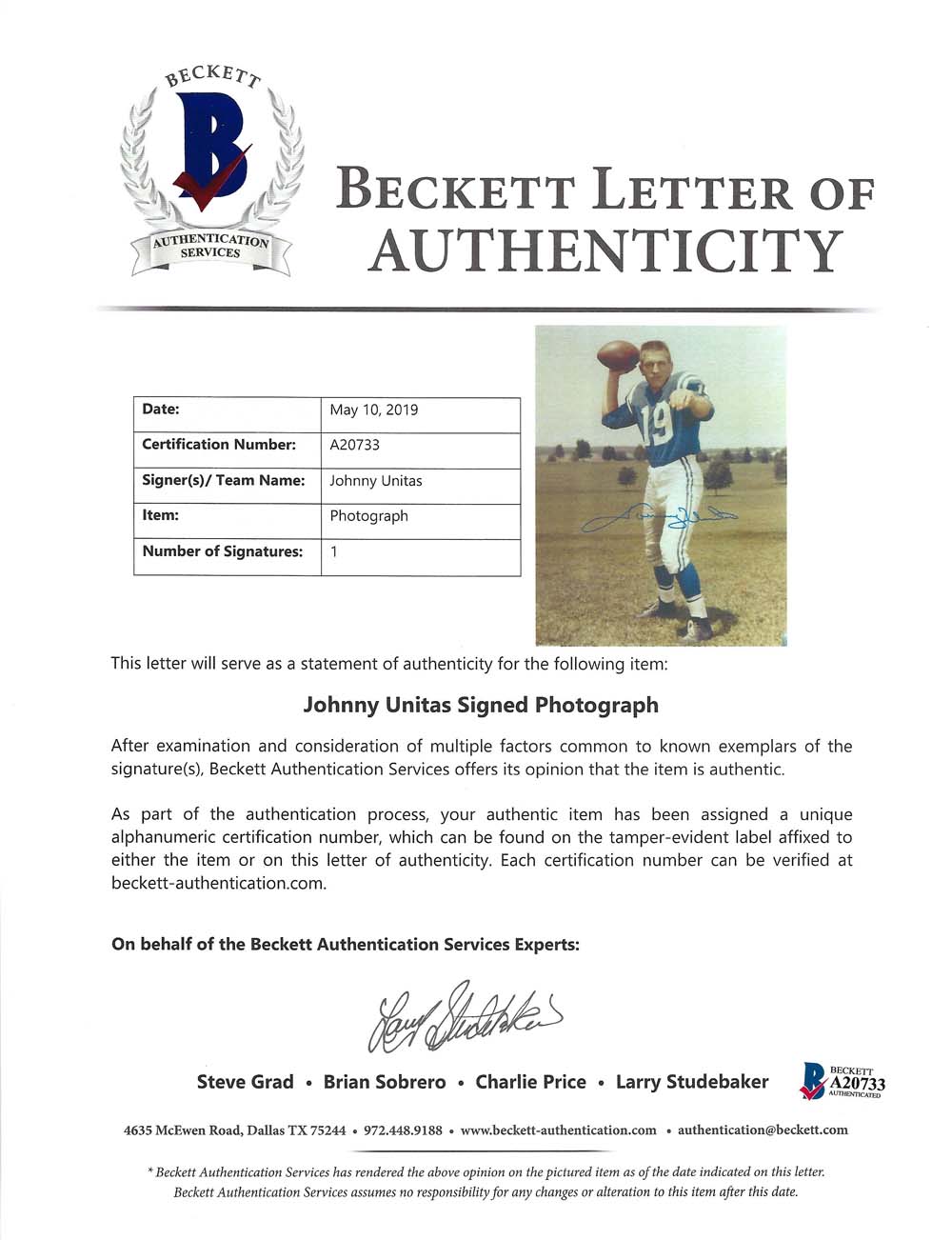 Johnny Unitas Autographed Framed 16x20 Photo Baltimore Colts Beckett BAS #A20733