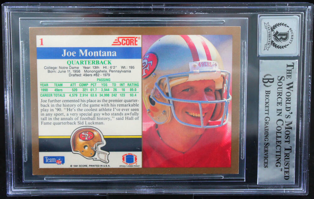 1991 Score #1 Joe Montana Auto San Francisco 49ers BGS Autograph 10