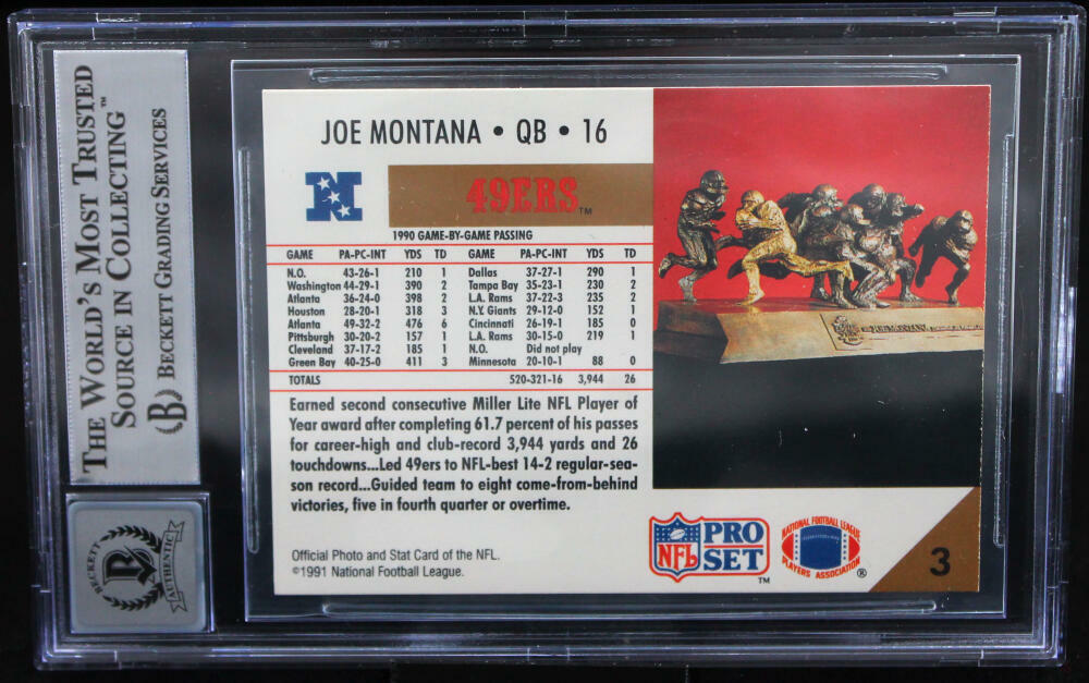 1991 Pro Set #3 Joe Montana Auto San Francisco 49ers BGS Autograph 10