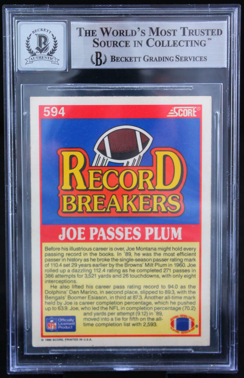 1990 Score #594 Joe Montana Auto San Francisco 49ers BGS Autograph 10