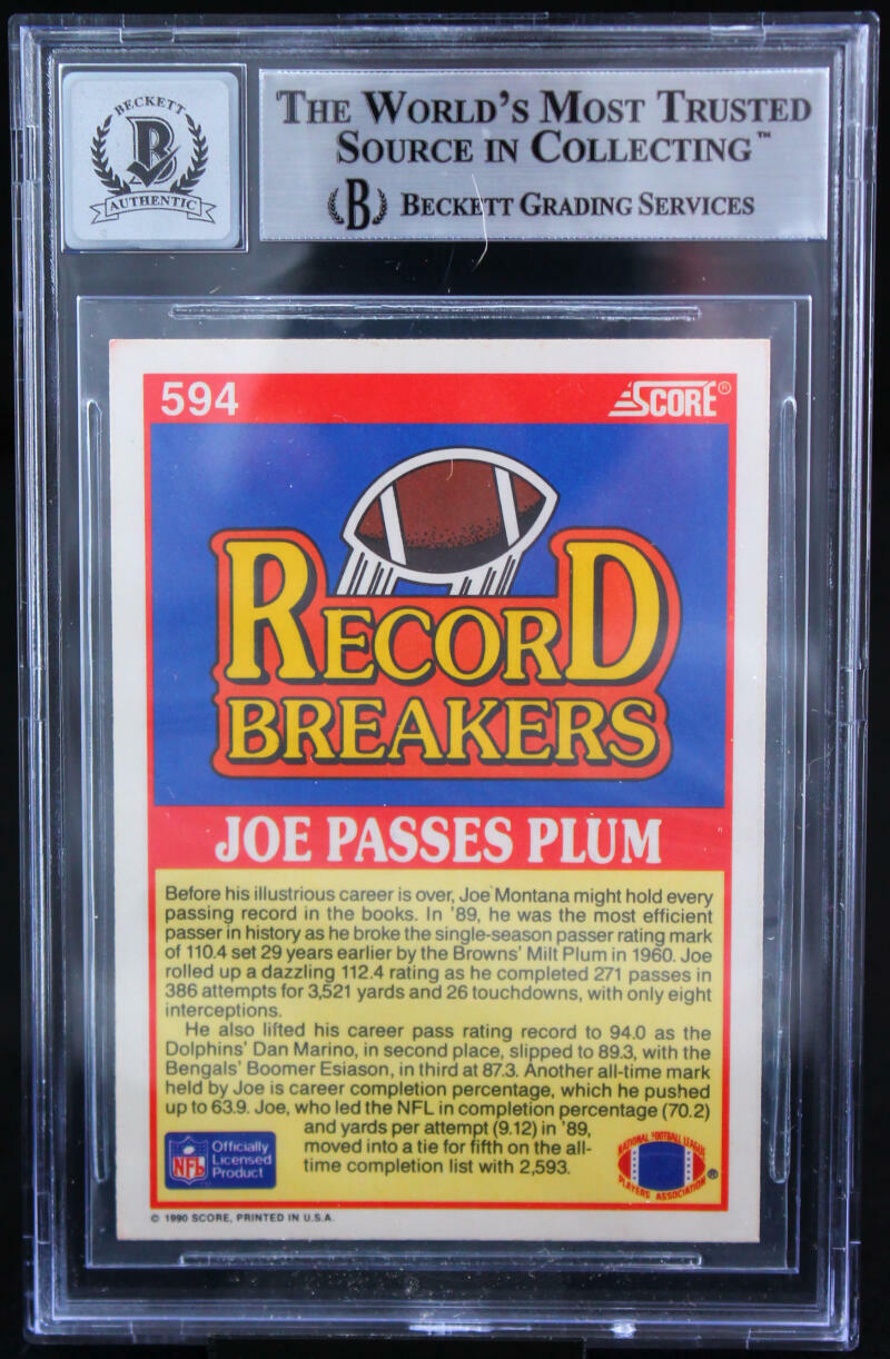 1990 Score #594 Joe Montana Auto San Francisco 49ers BGS Autograph 10